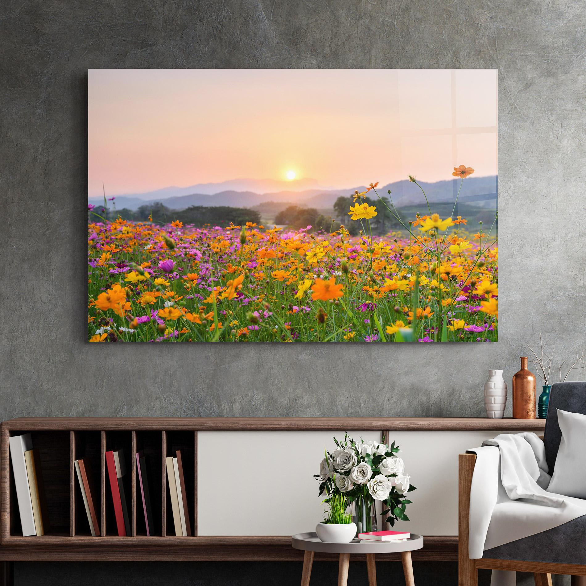 Glasbild Sunset Mountain Flowerf mockup 2