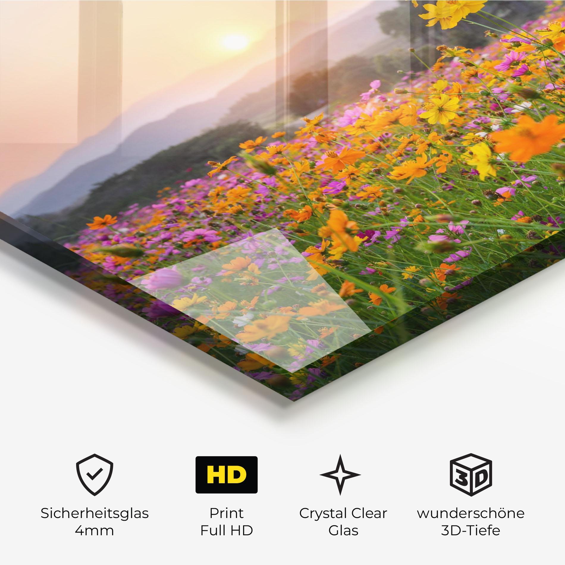 Glasbild Sunset Mountain Flowerf mockup 3