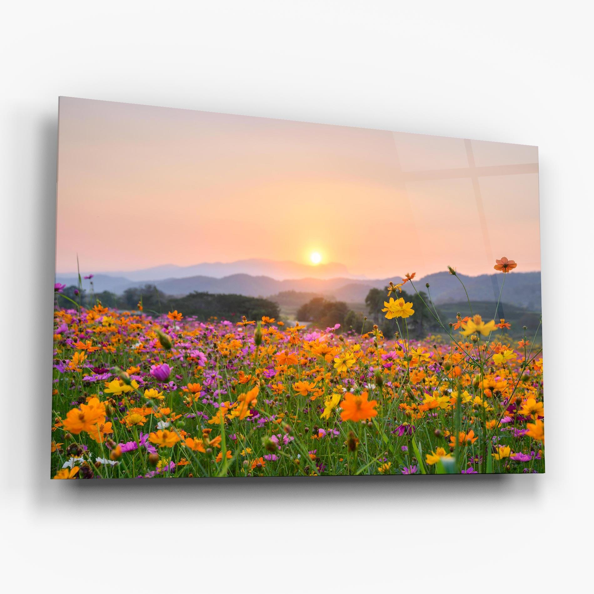 Glasbild Sunset Mountain Flowerf mockup 6