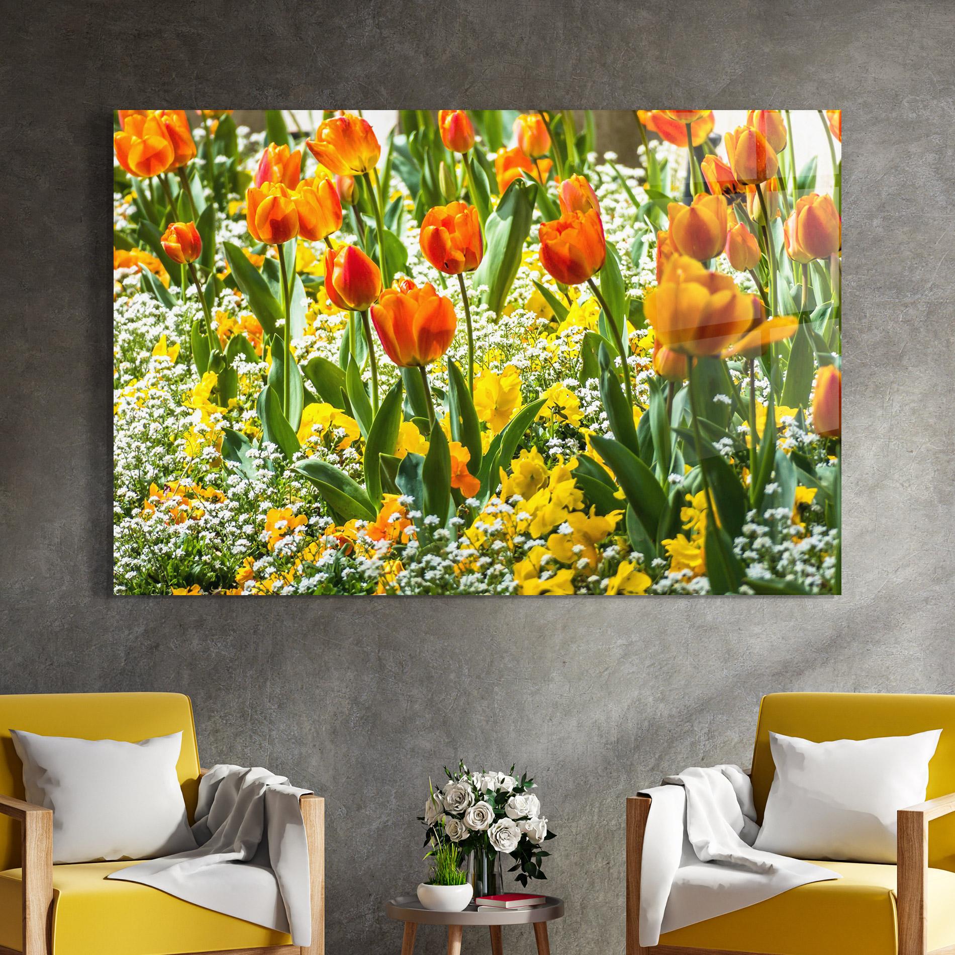 Glasbild Colorful Tulips Garden mockup 4
