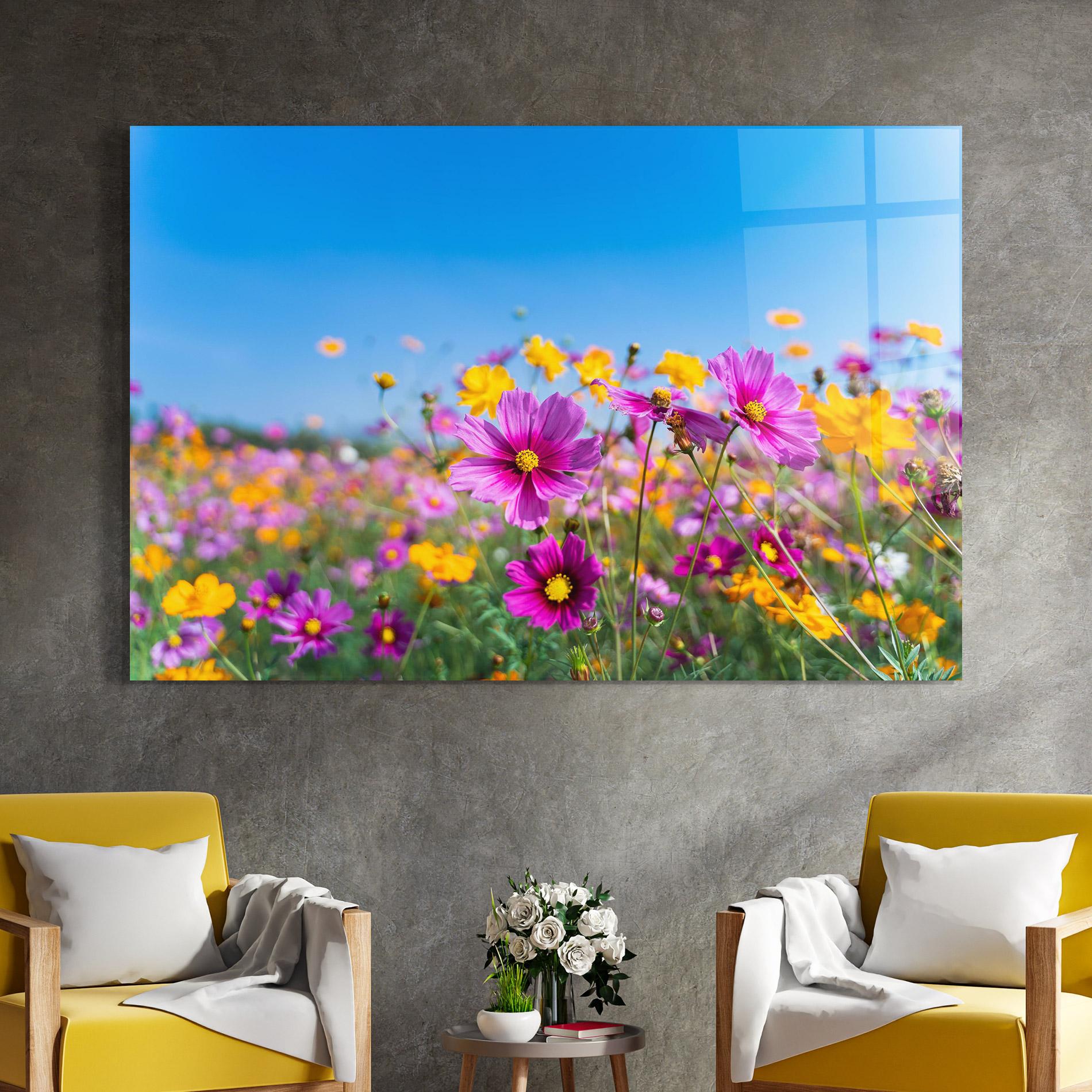Glasbild Cosmos Flowers Grassland mockup 4