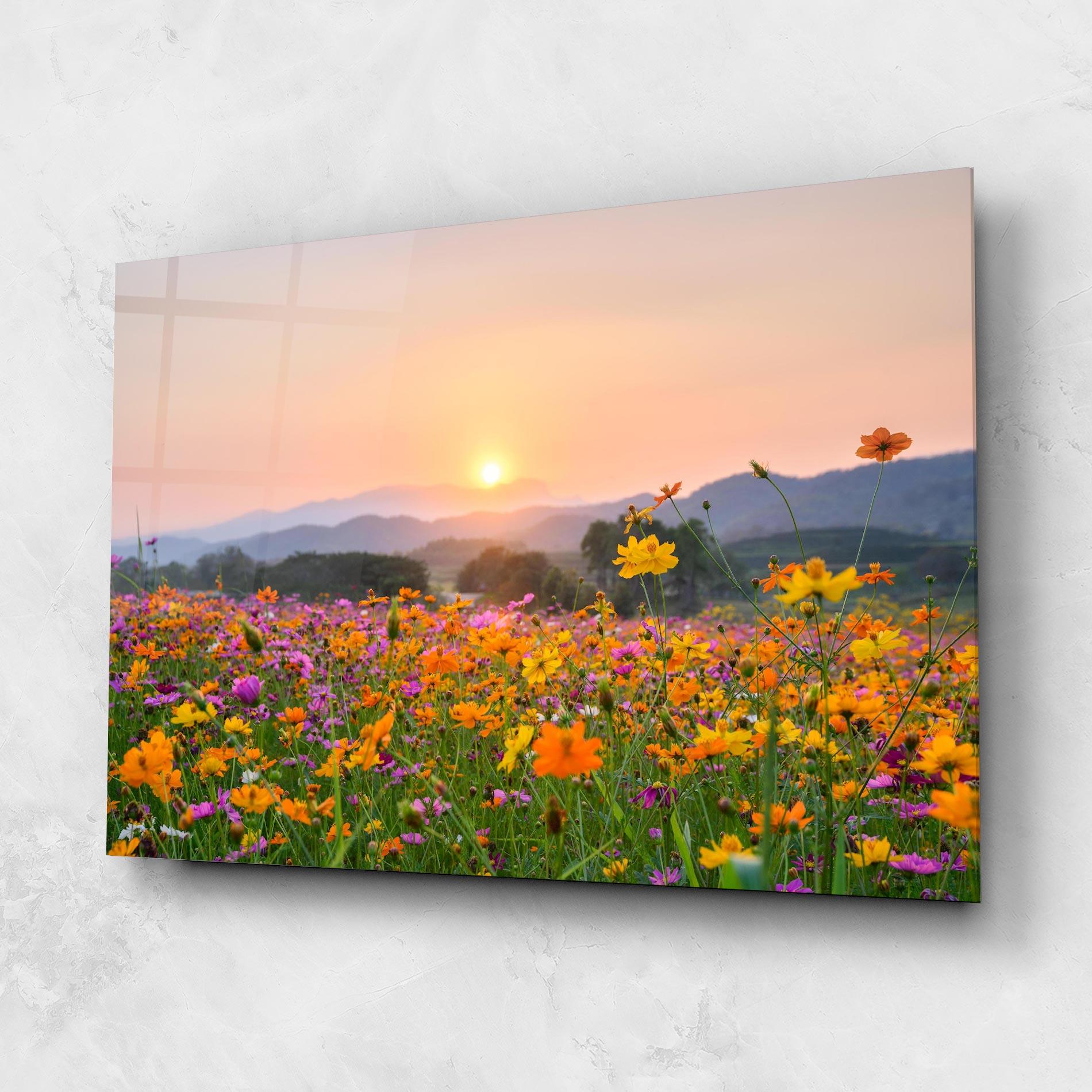 Glasbild Sunset Mountain Flowerf mockup 1