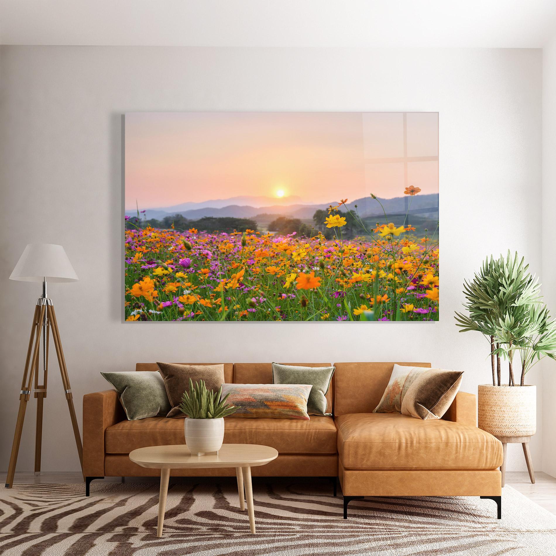 Glasbild Sunset Mountain Flowerf mockup 7