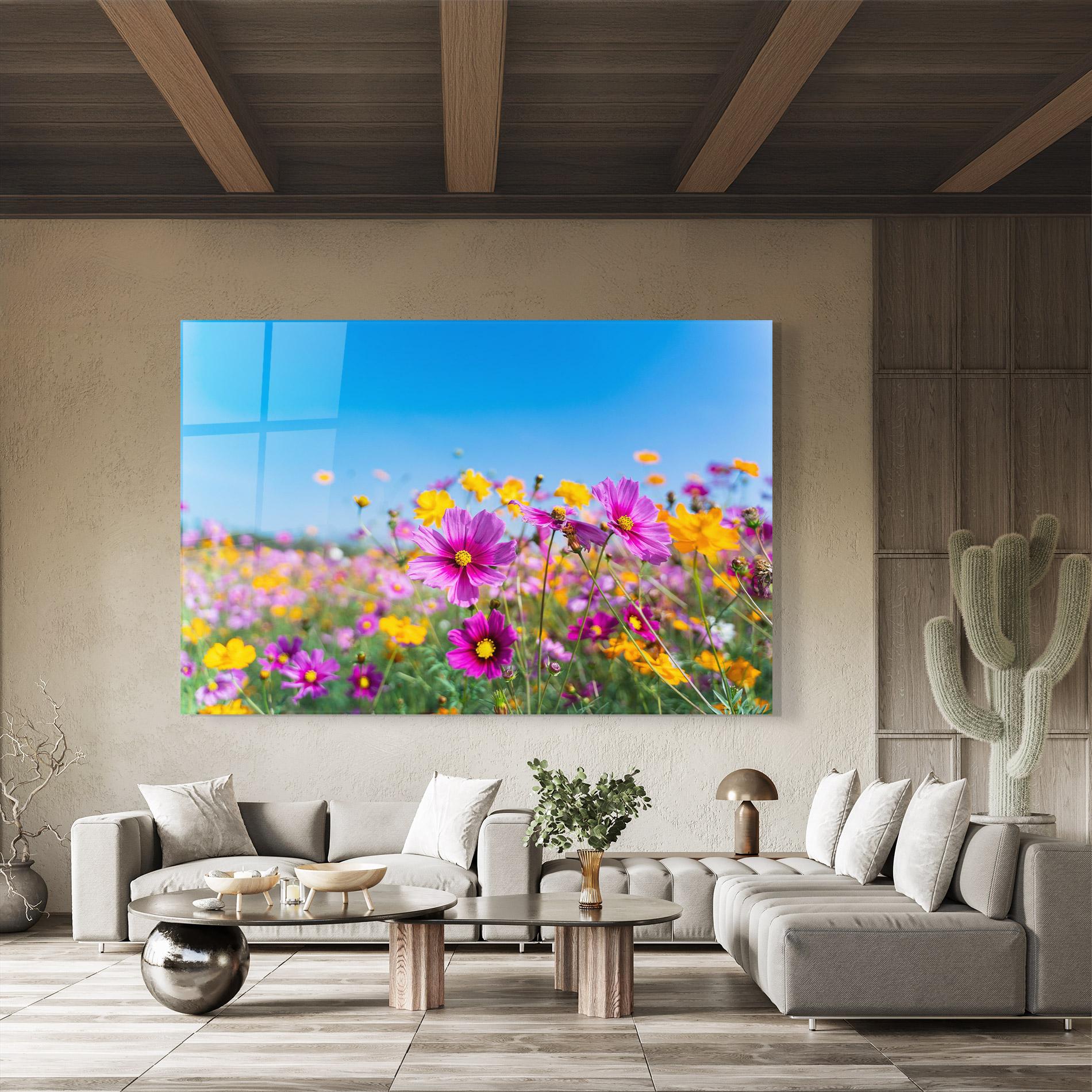 Glasbild Cosmos Flowers Grassland mockup 8
