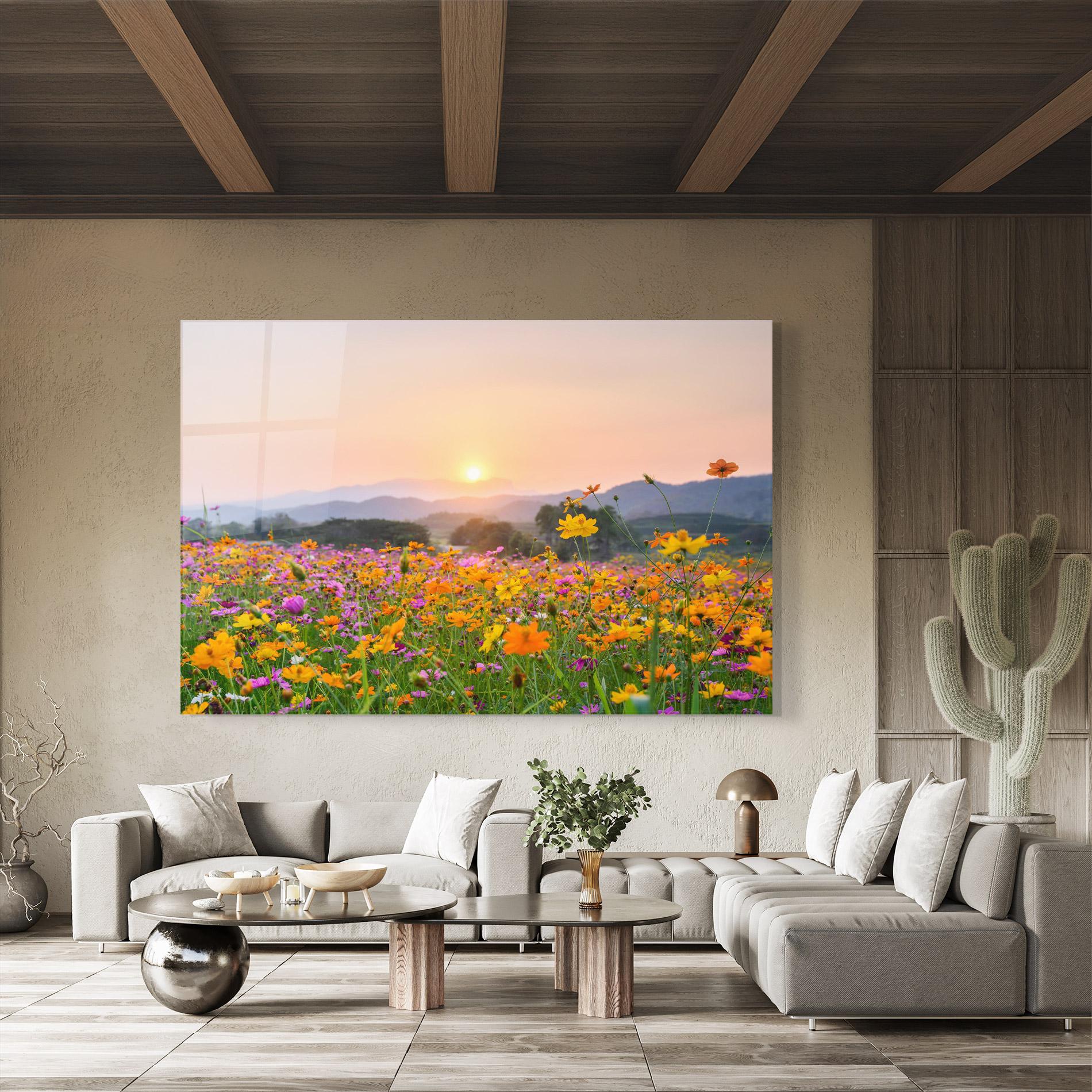 Glasbild Sunset Mountain Flowerf mockup 8