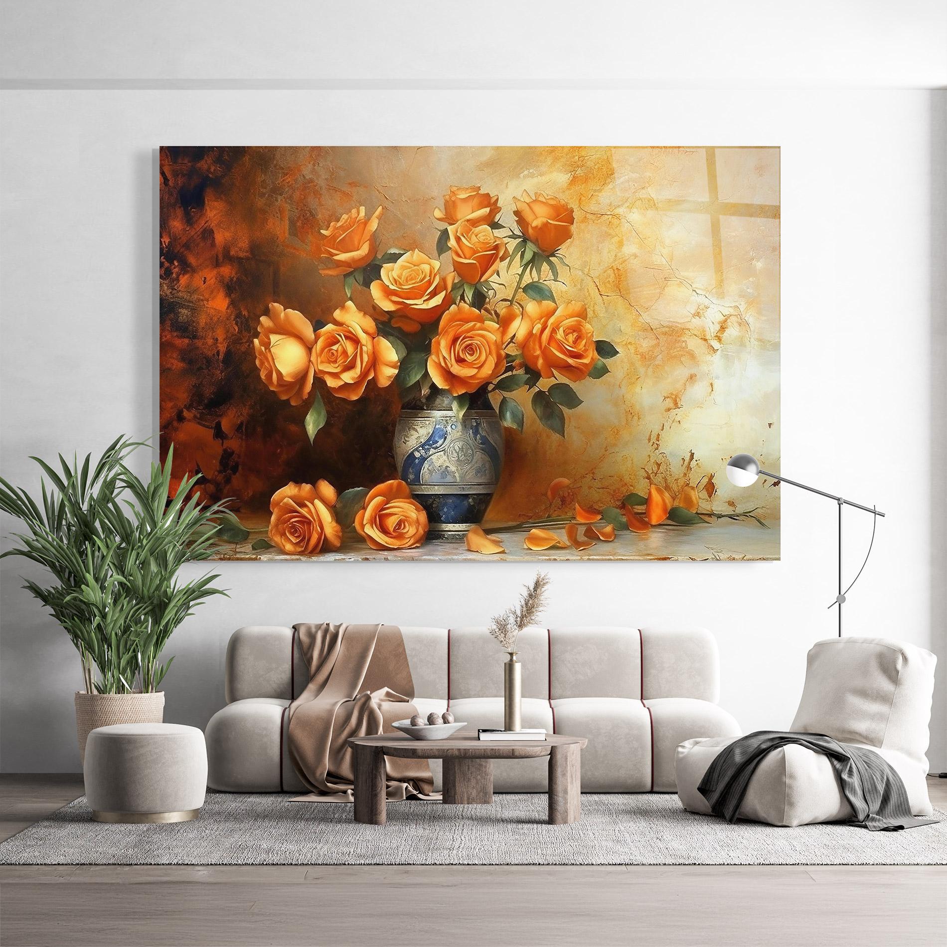 Glasbild Pretty Orange Rose Vase mockup 9