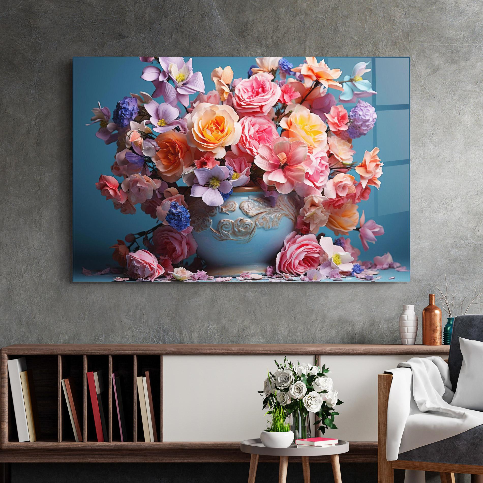 Glasbild Blue Vase Flowers mockup 2