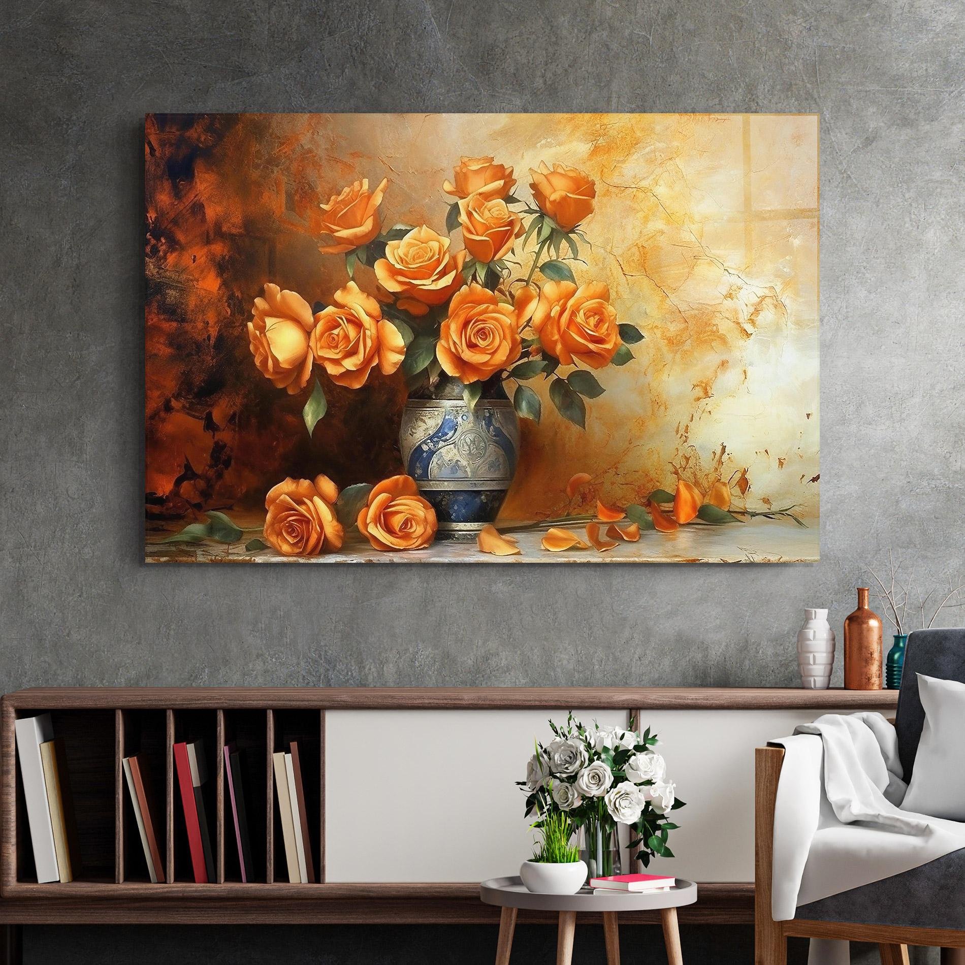 Glasbild Pretty Orange Rose Vase mockup 2
