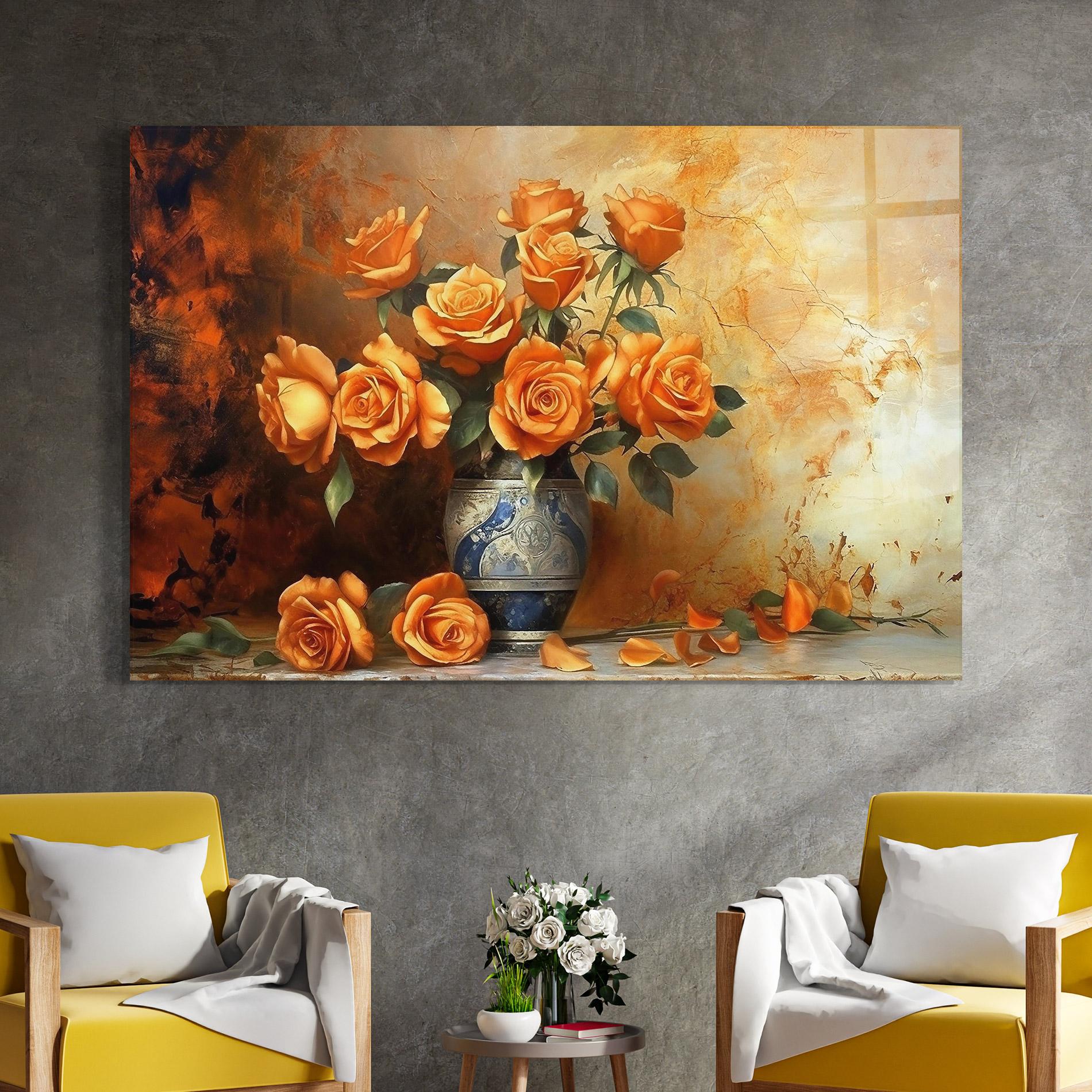 Glasbild Pretty Orange Rose Vase mockup 4