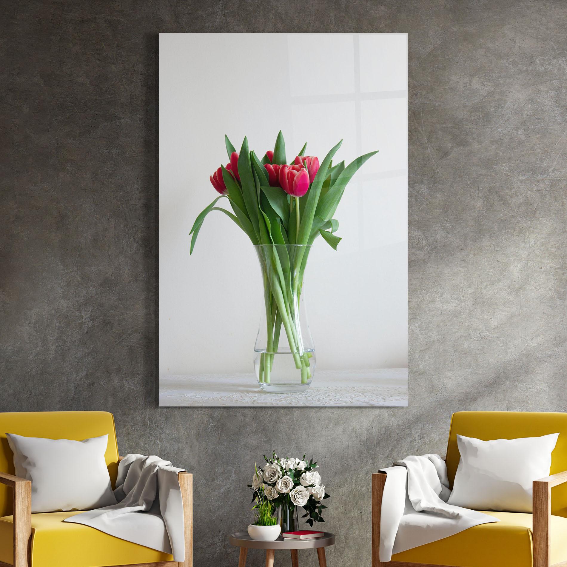 Glasbild Pretty Tulips Vase mockup 4