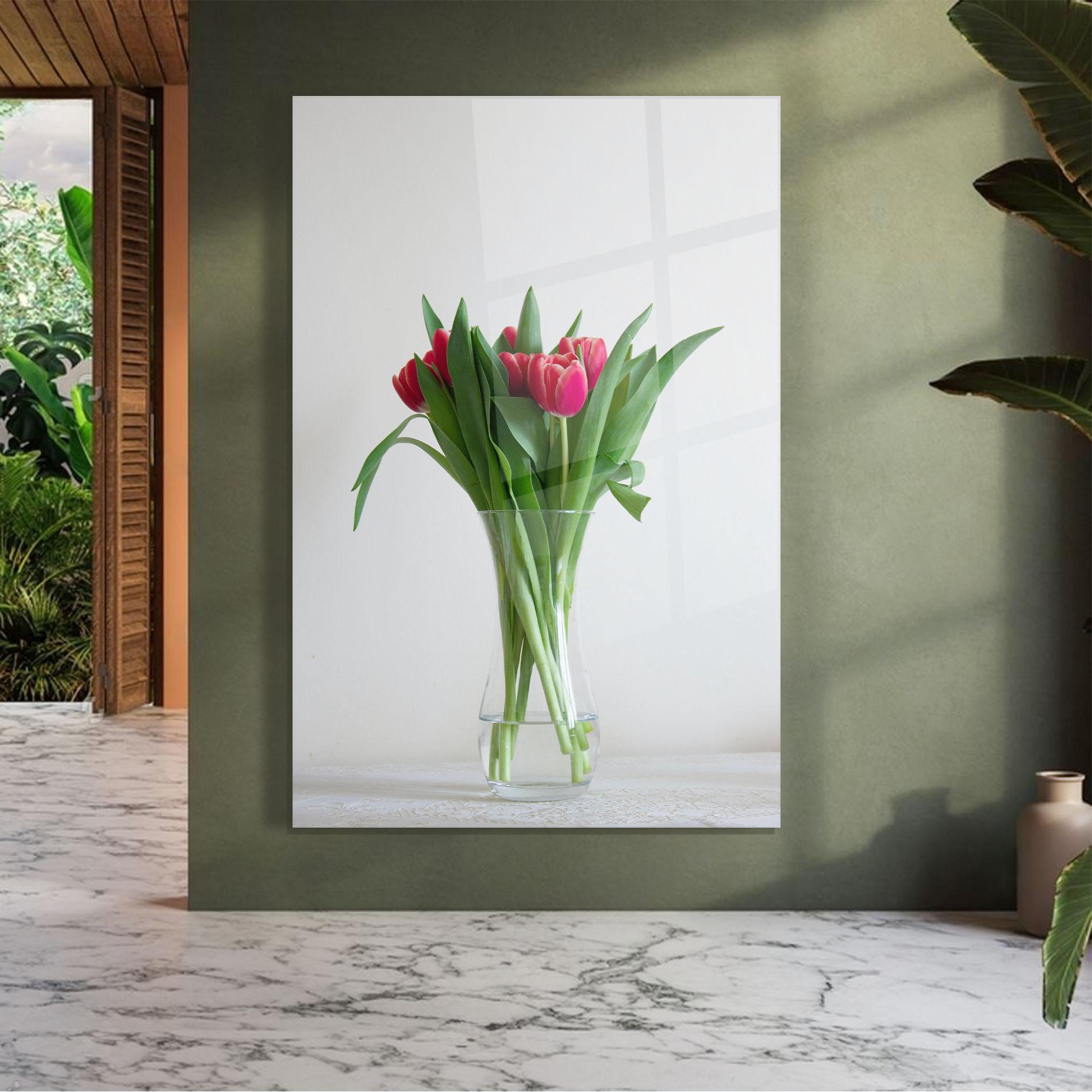 Glasbild Pretty Tulips Vase mockup 7