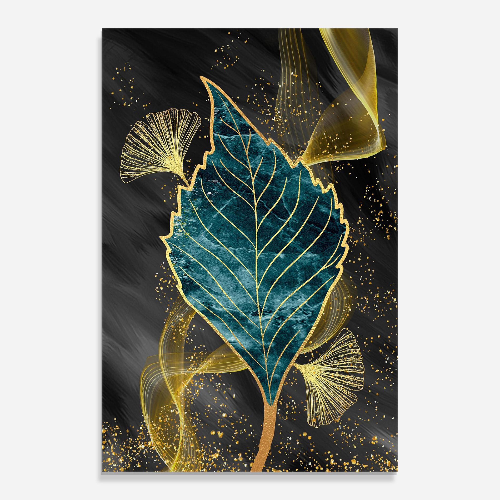 Glasbild Golden Leaves Blue mockup 0