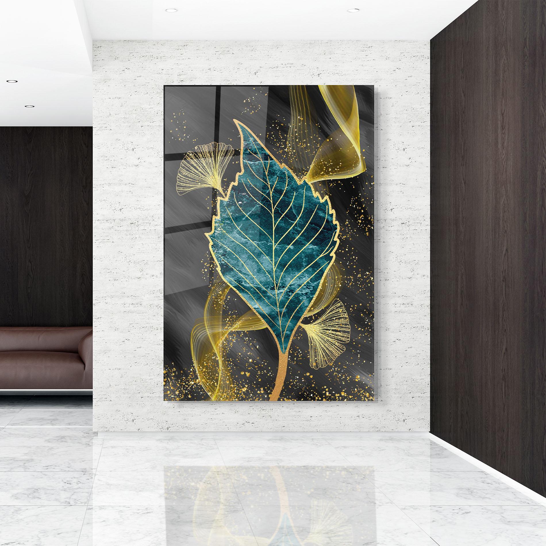 Glasbild Golden Leaves Blue mockup 9