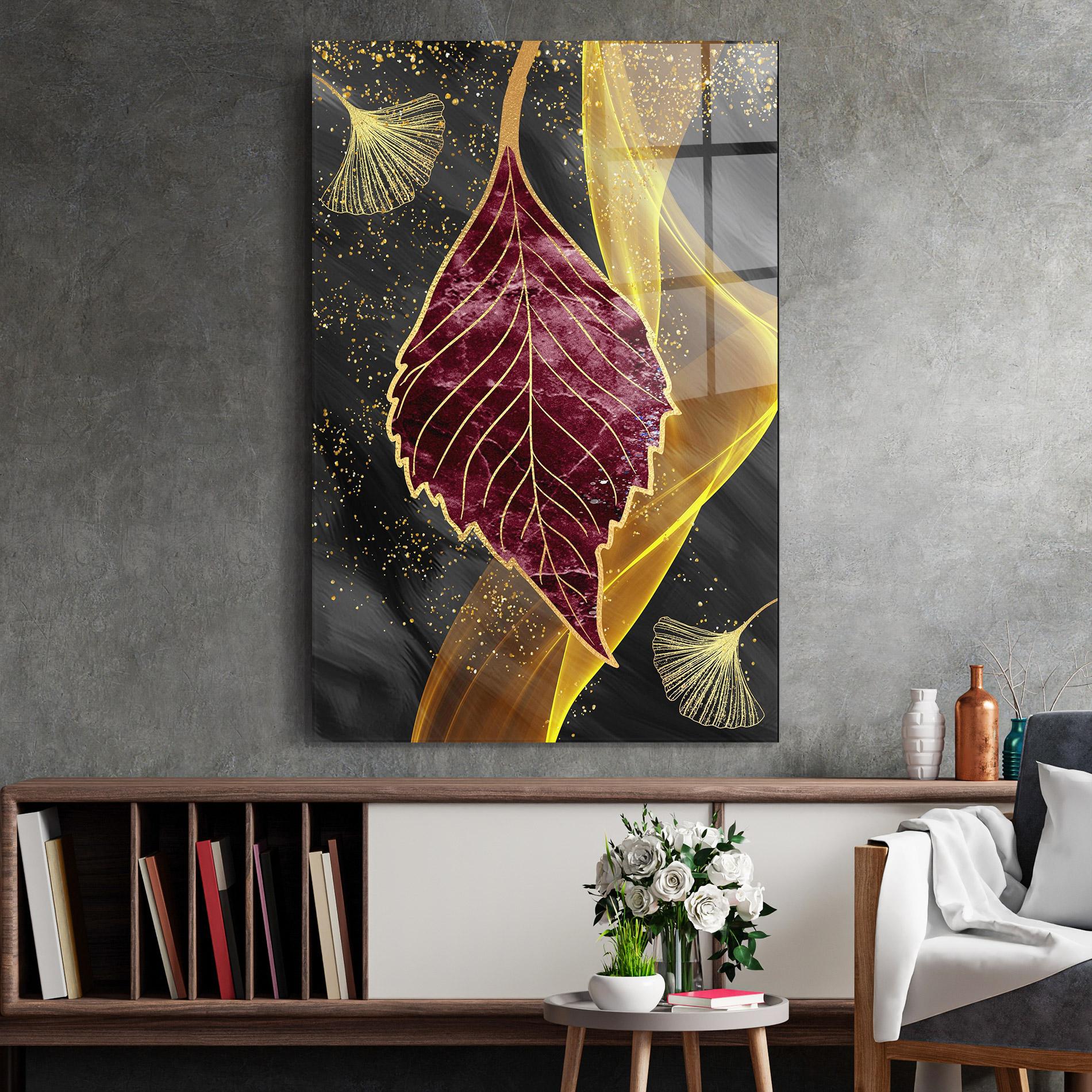 Glasbild Golden Leaves Red mockup 2