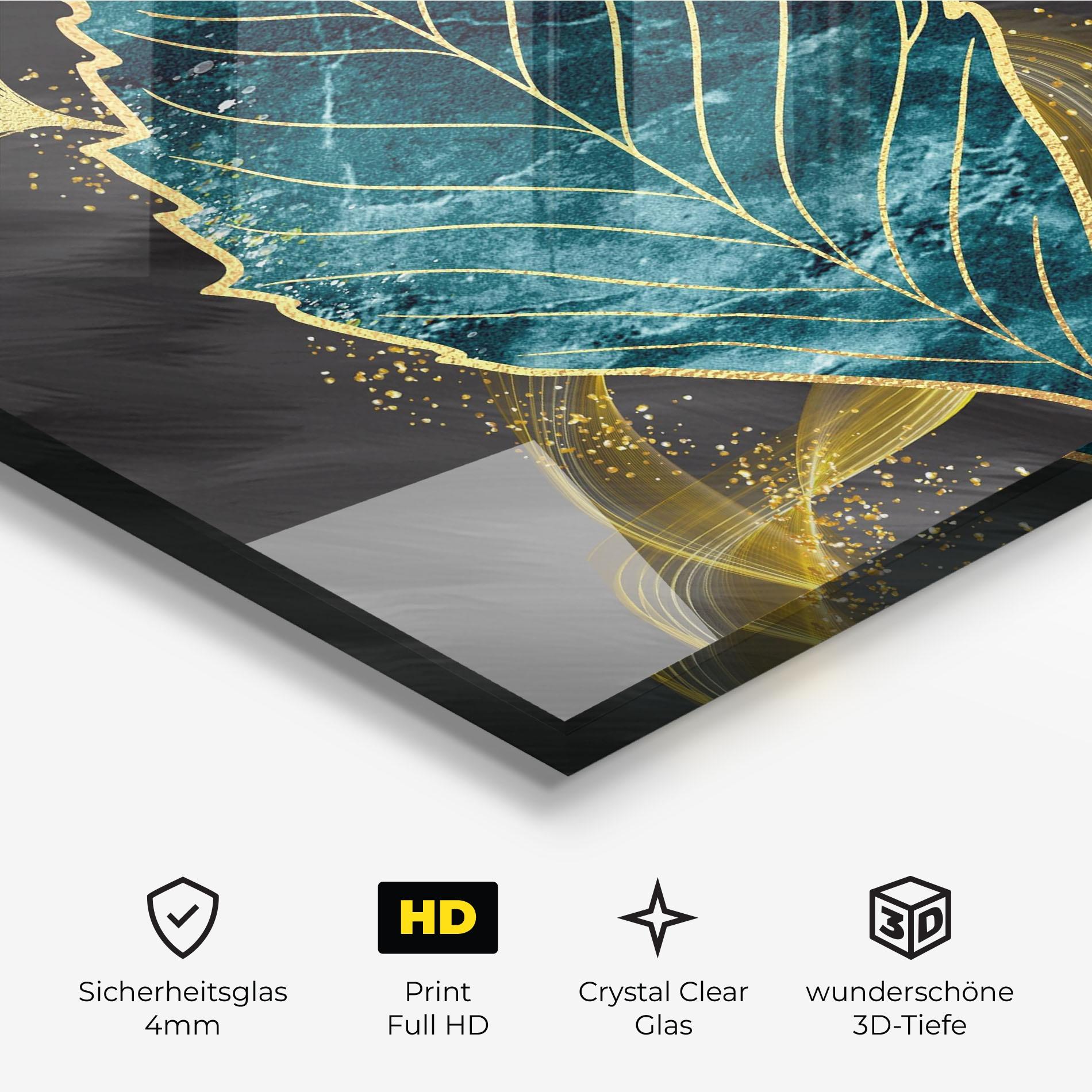 Glasbild Golden Leaves Blue mockup 3