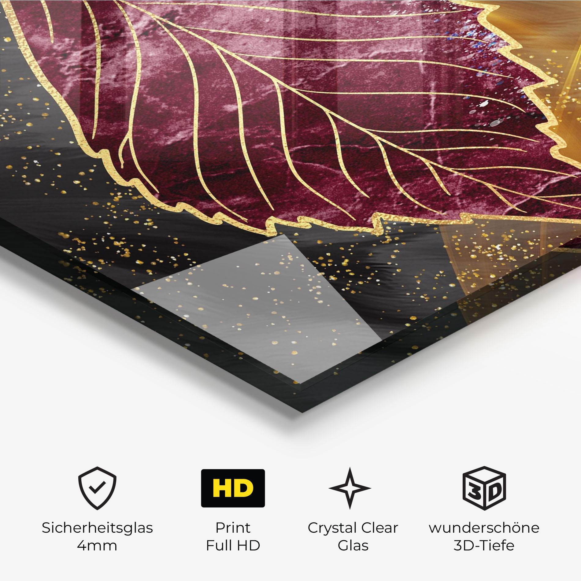 Glasbild Golden Leaves Red mockup 3