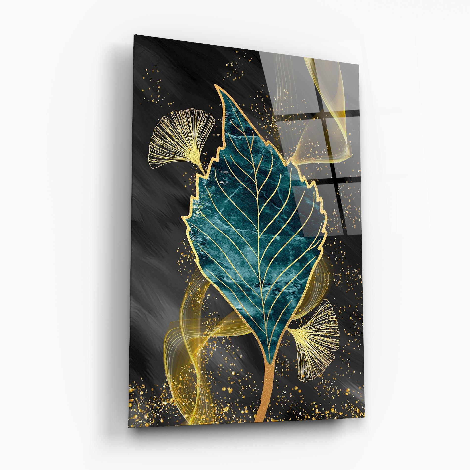 Glasbild Golden Leaves Blue mockup 6