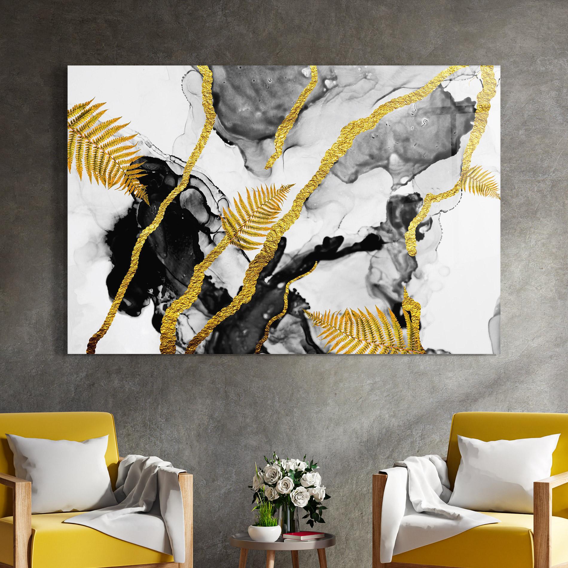 Glasbild Abstract Golden Leaves mockup 4