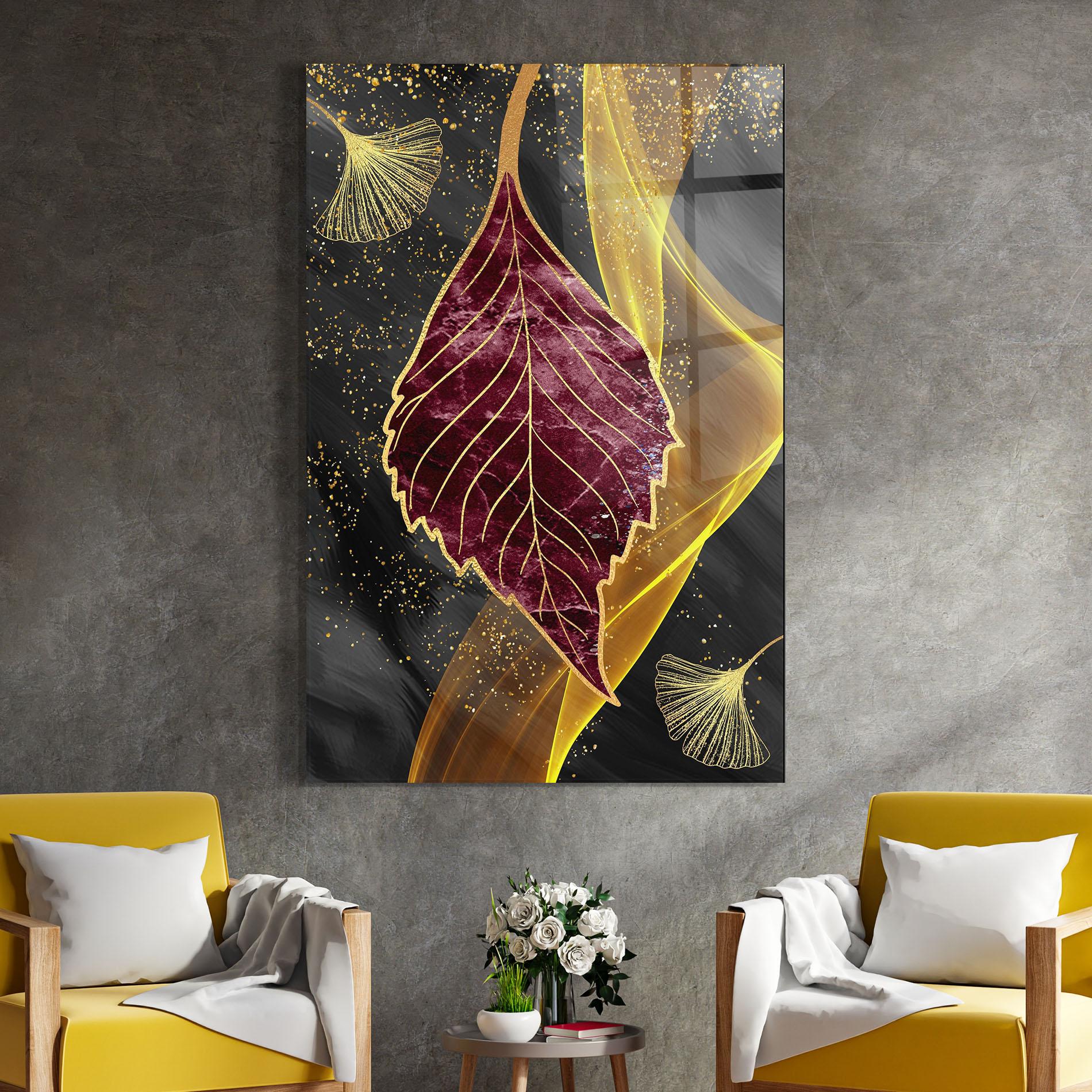 Glasbild Golden Leaves Red mockup 4