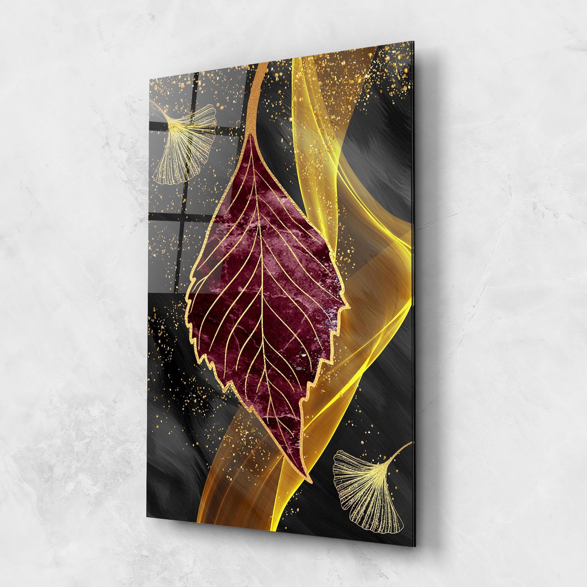 Glasbild Golden Leaves Red mockup 1