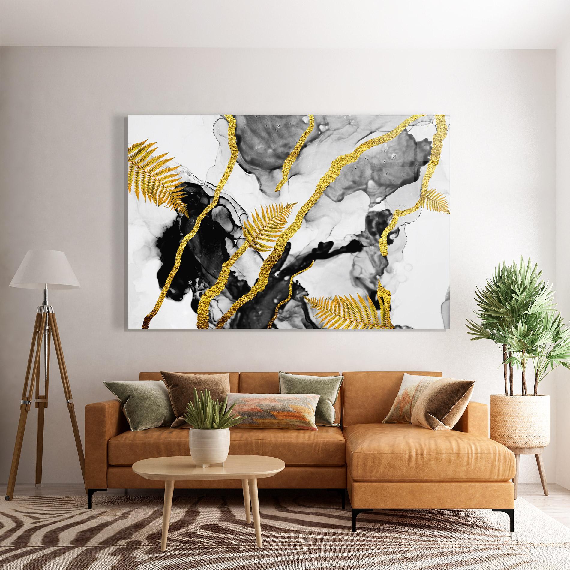 Glasbild Abstract Golden Leaves mockup 7