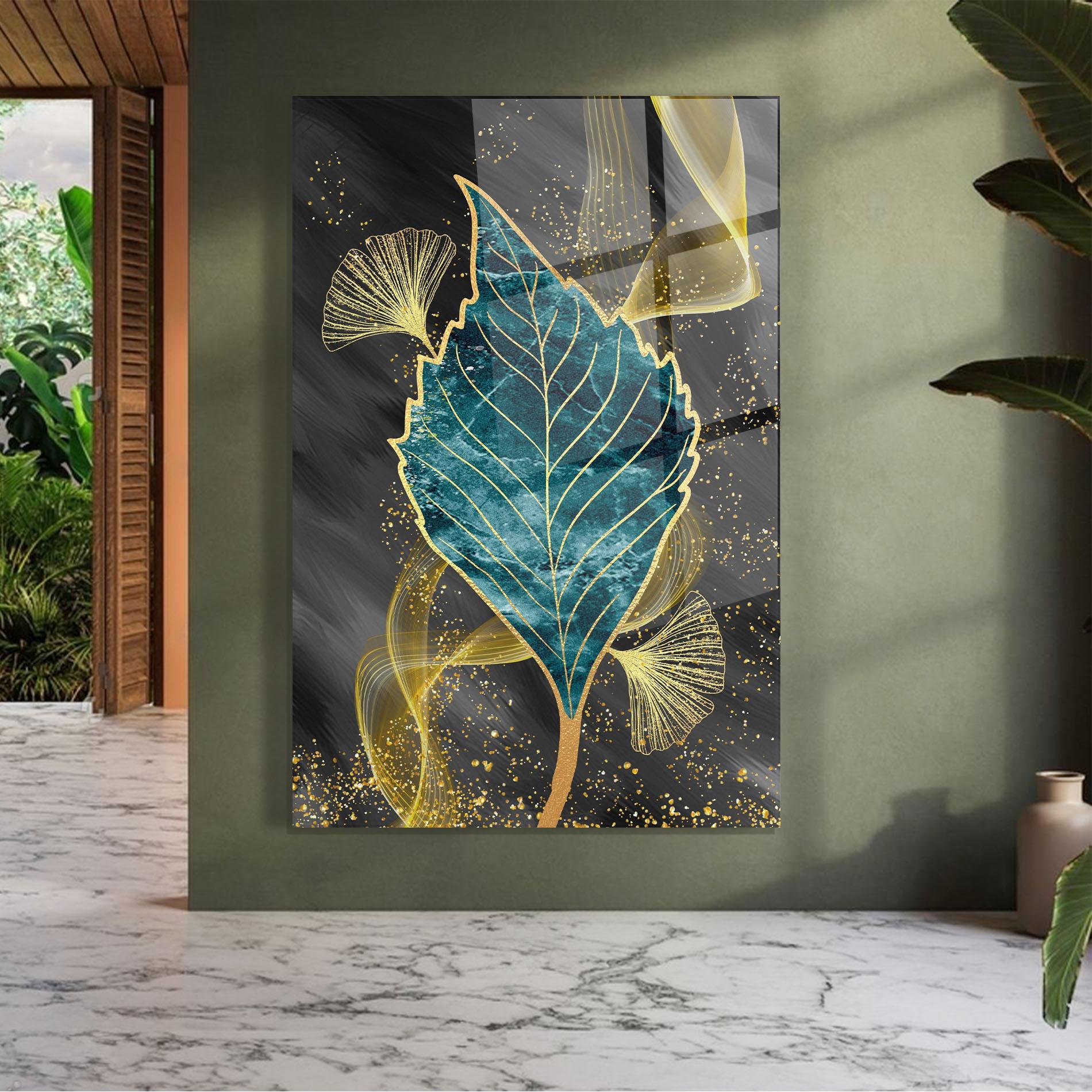 Glasbild Golden Leaves Blue mockup 7