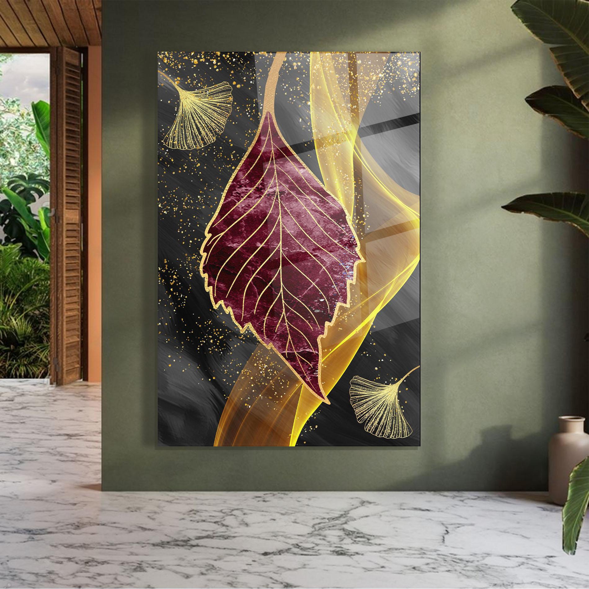 Glasbild Golden Leaves Red mockup 7