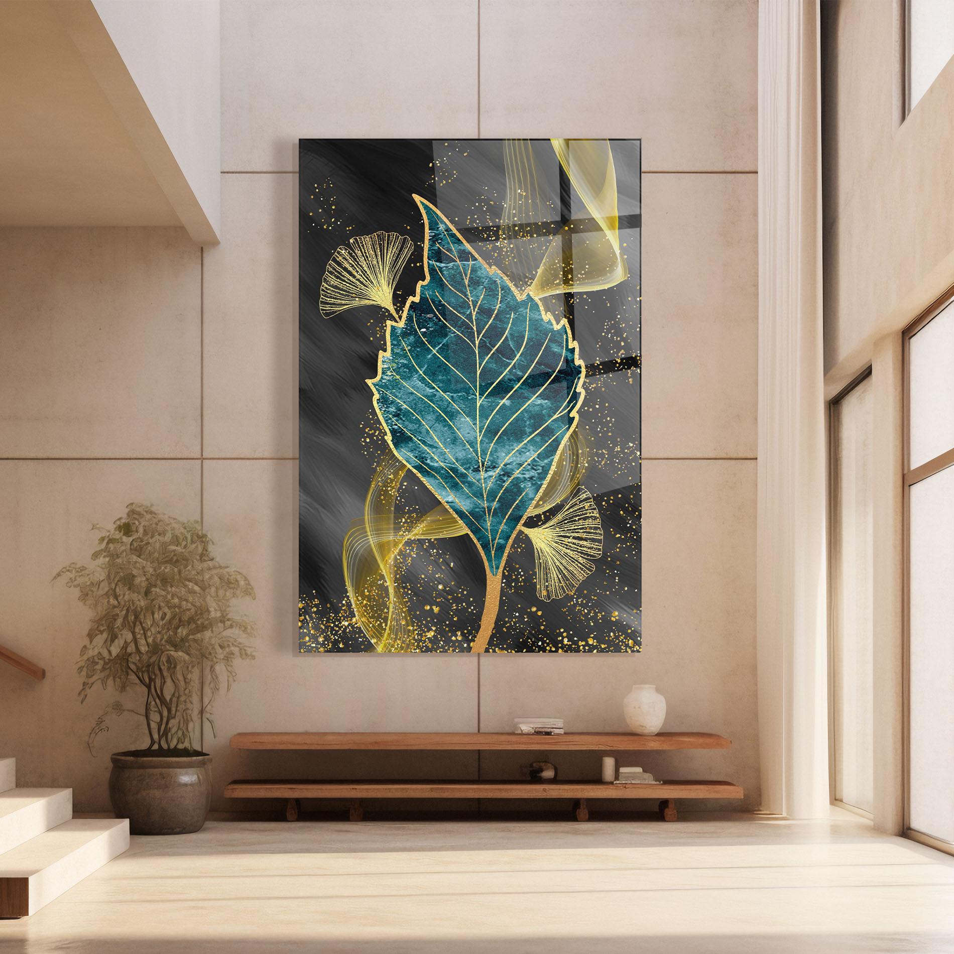 Glasbild Golden Leaves Blue mockup 8