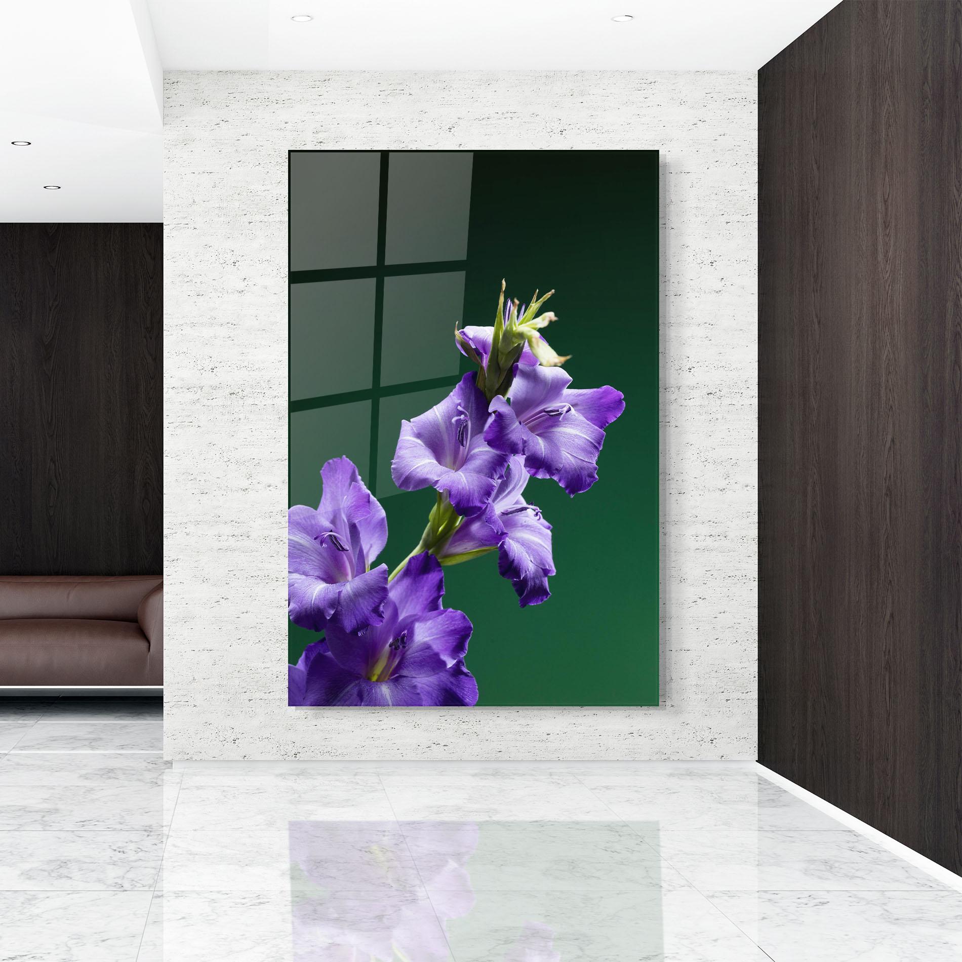 Glasbild Iris On Green mockup 9