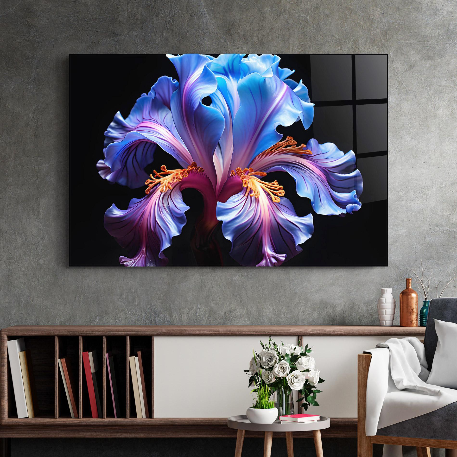 Glasbild Beautiful Iris On Black mockup 2
