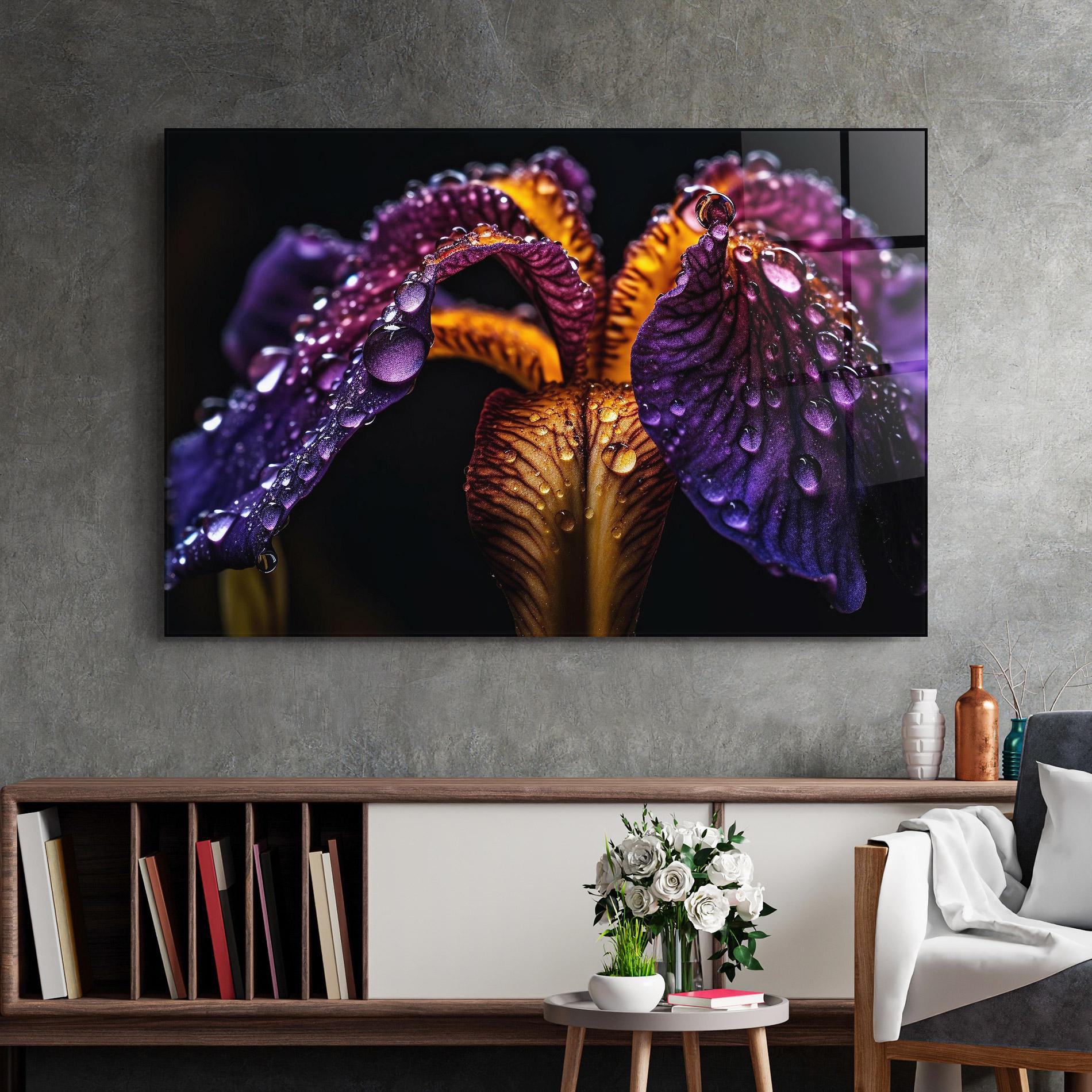 Glasbild Dark Iris After Rain mockup 2
