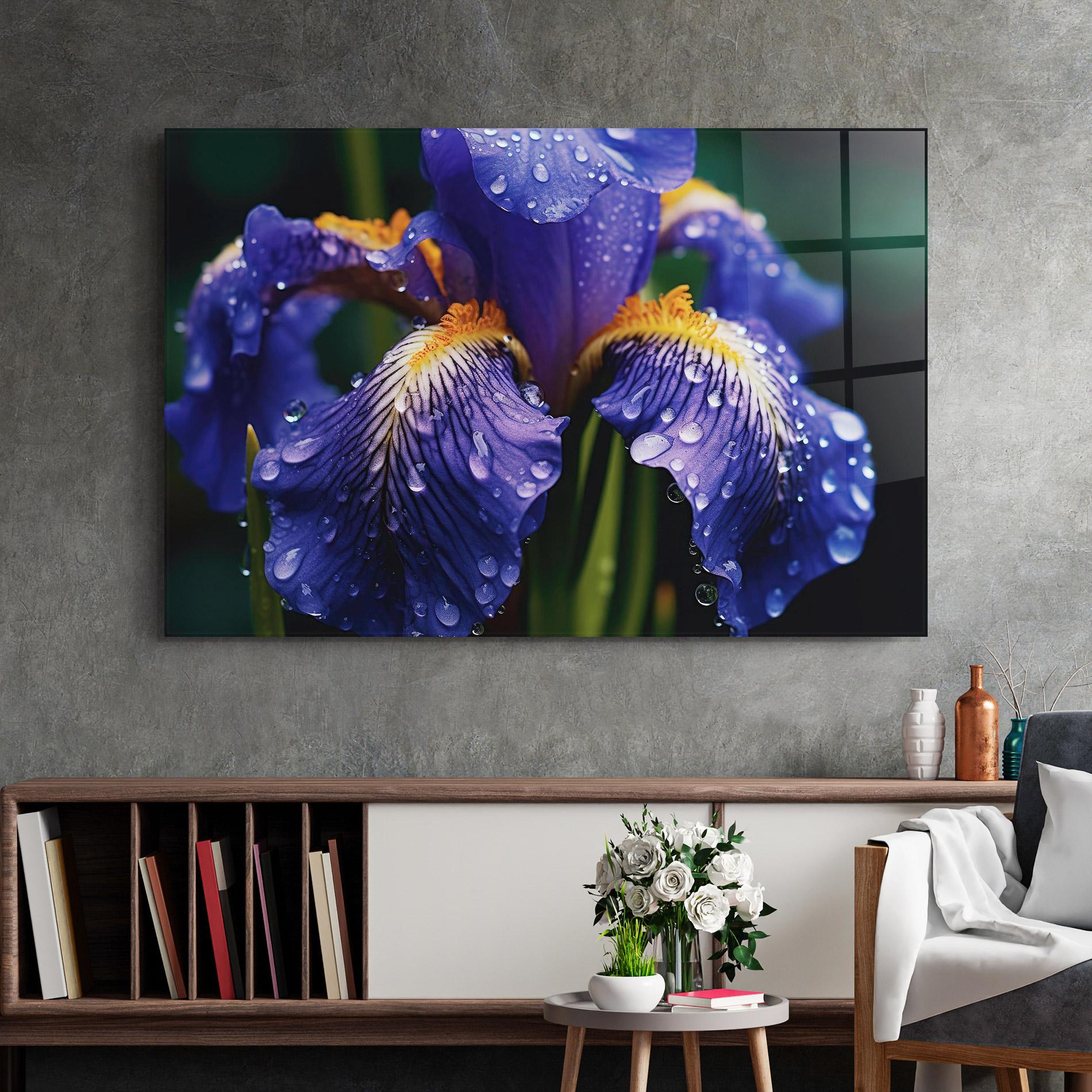 Glasbild Iris After Rain mockup 2