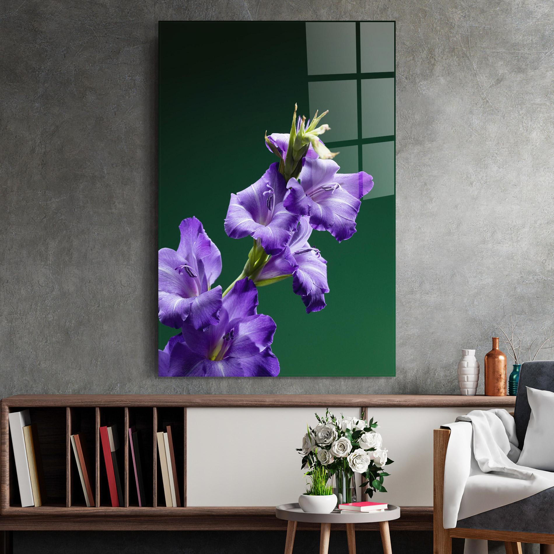 Glasbild Iris On Green mockup 2