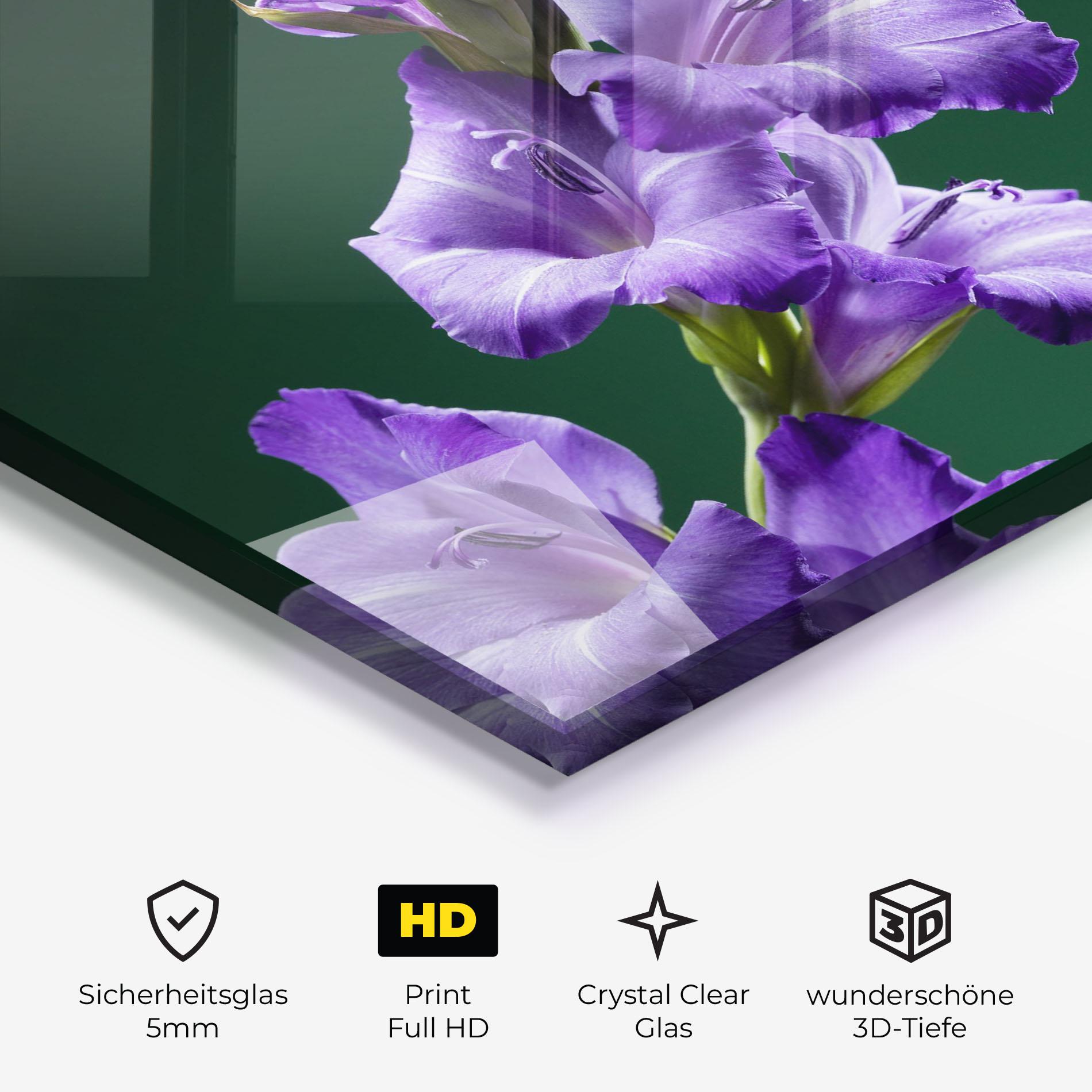 Glasbild Iris On Green mockup 3