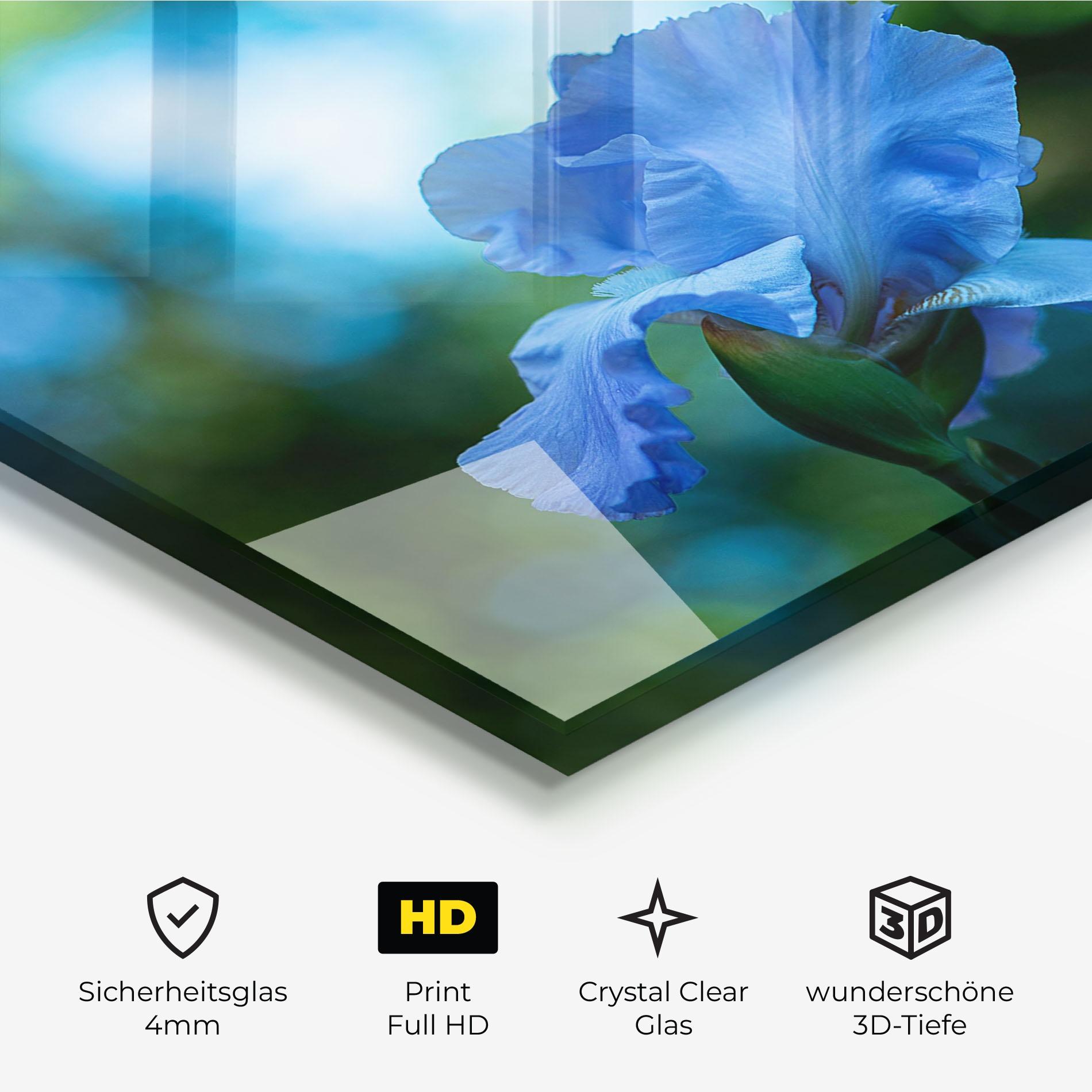 Glasbild Blue Iris In The Garden mockup 3