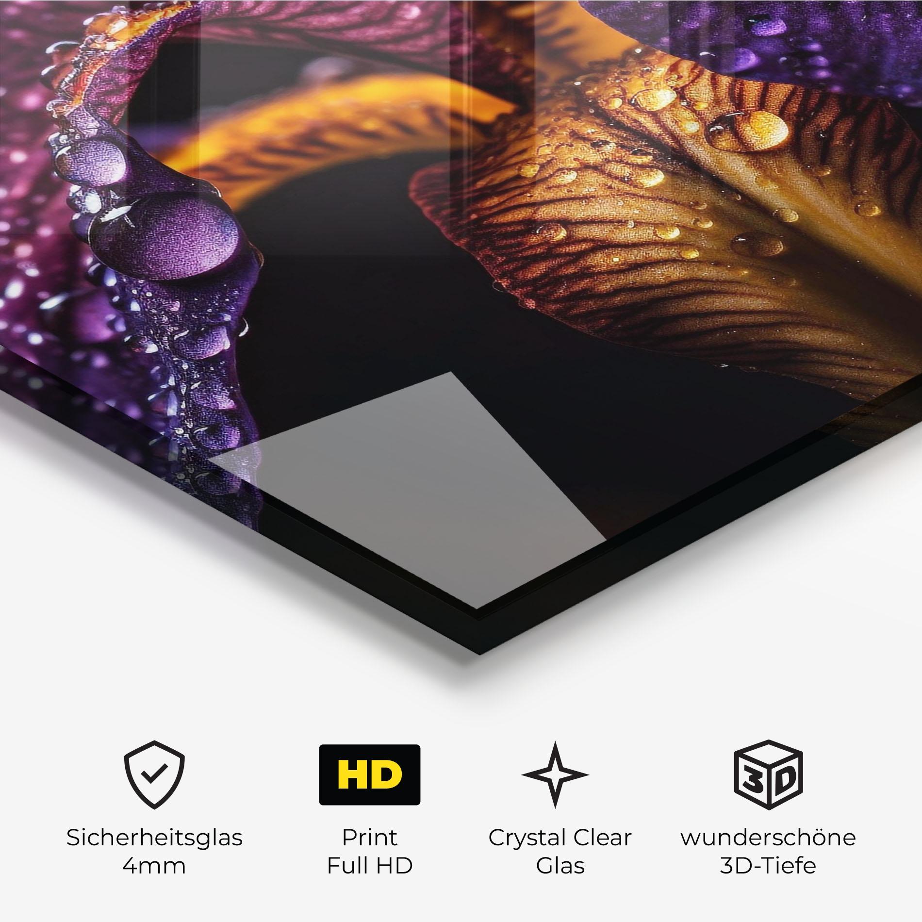 Glasbild Dark Iris After Rain mockup 3