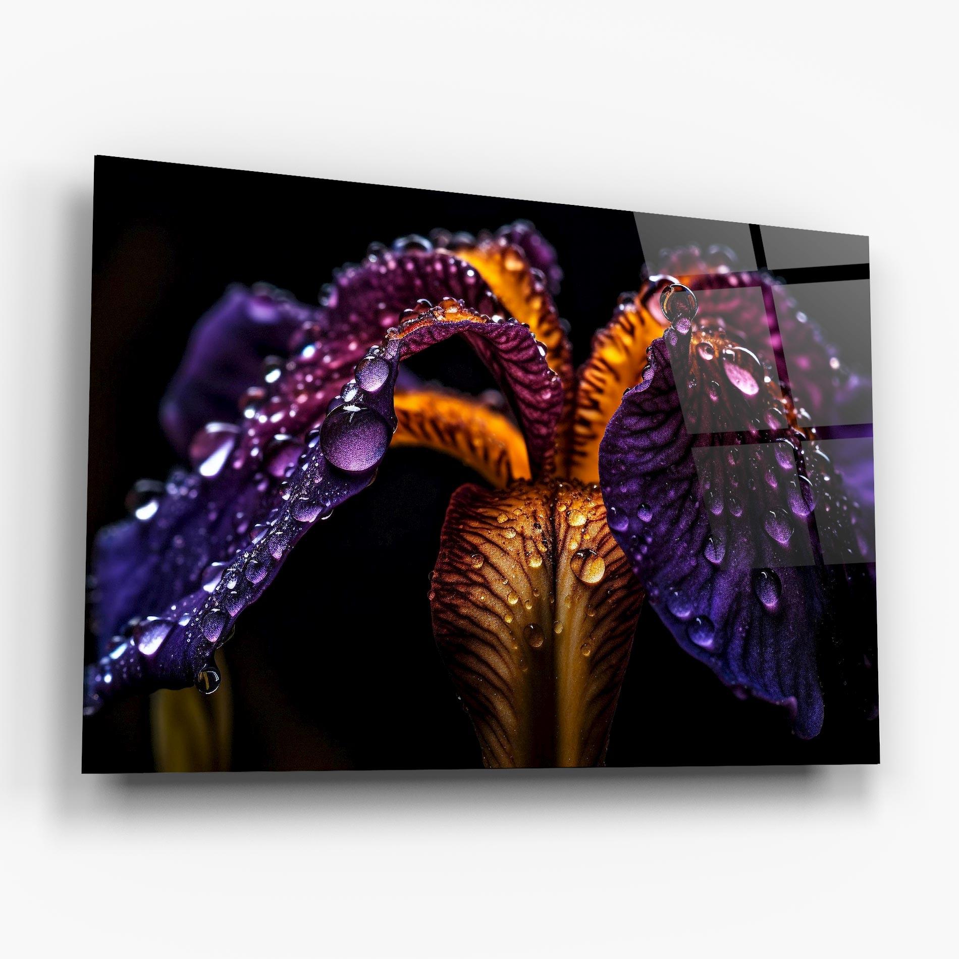 Glasbild Dark Iris After Rain mockup 6