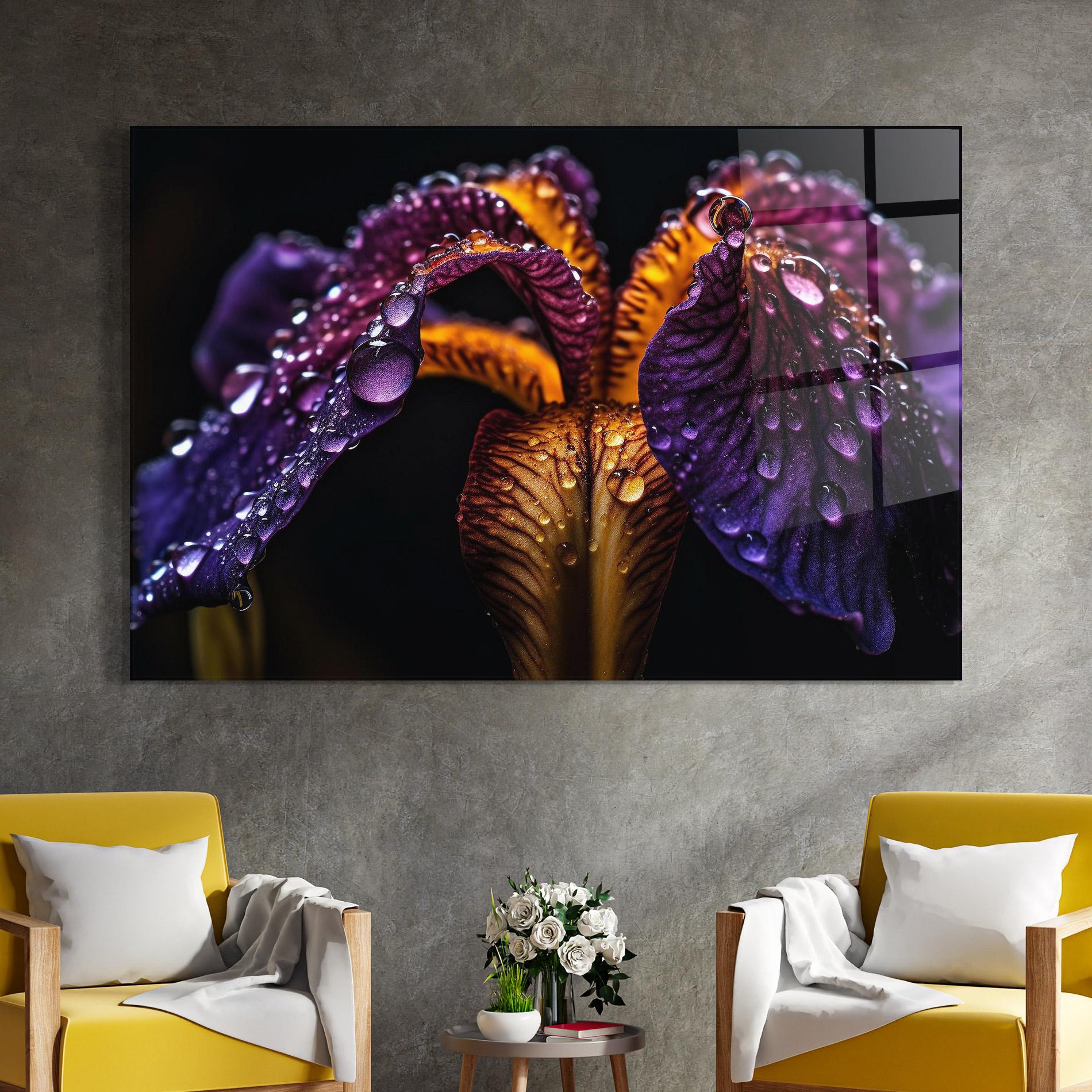 Glasbild Dark Iris After Rain mockup 4