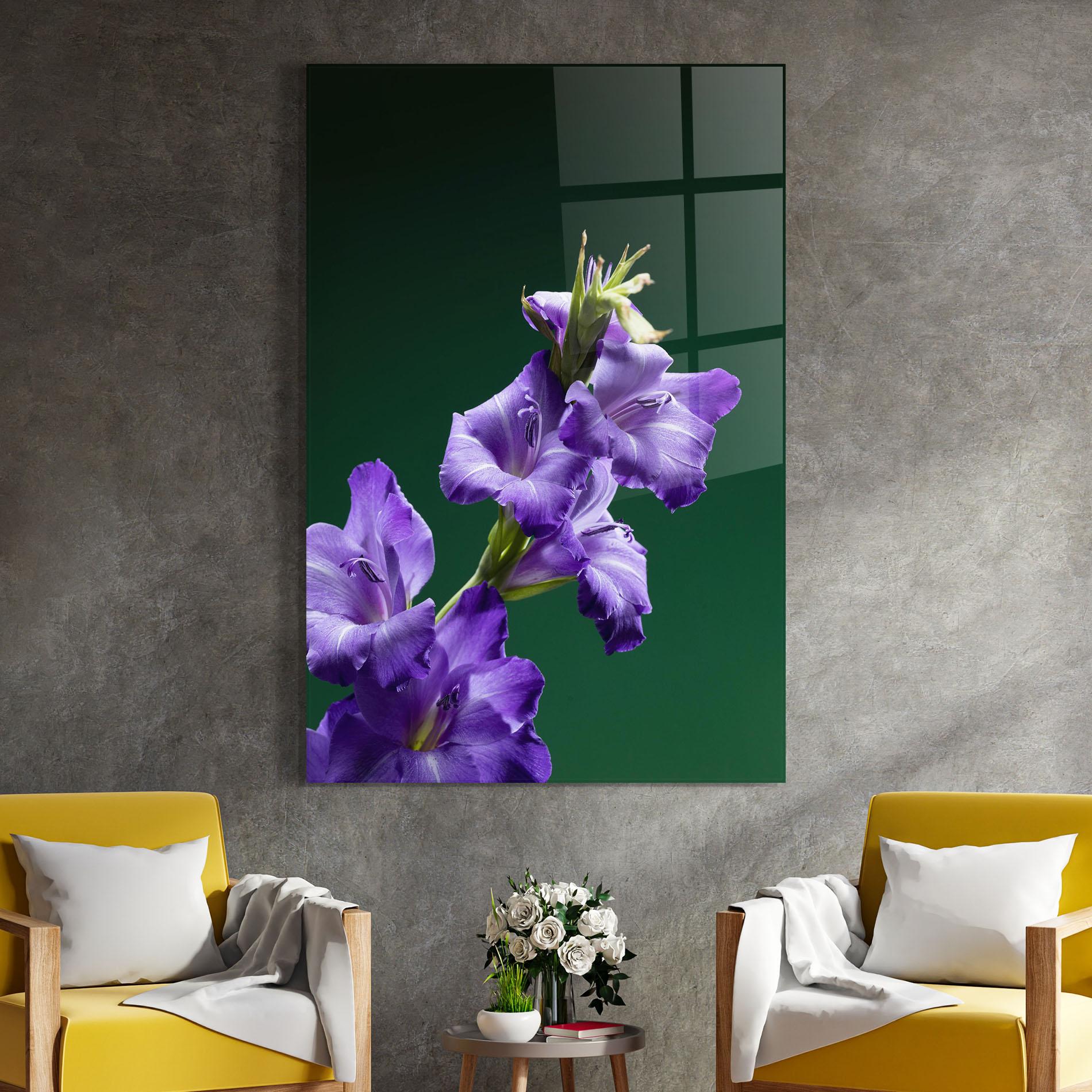 Glasbild Iris On Green mockup 4