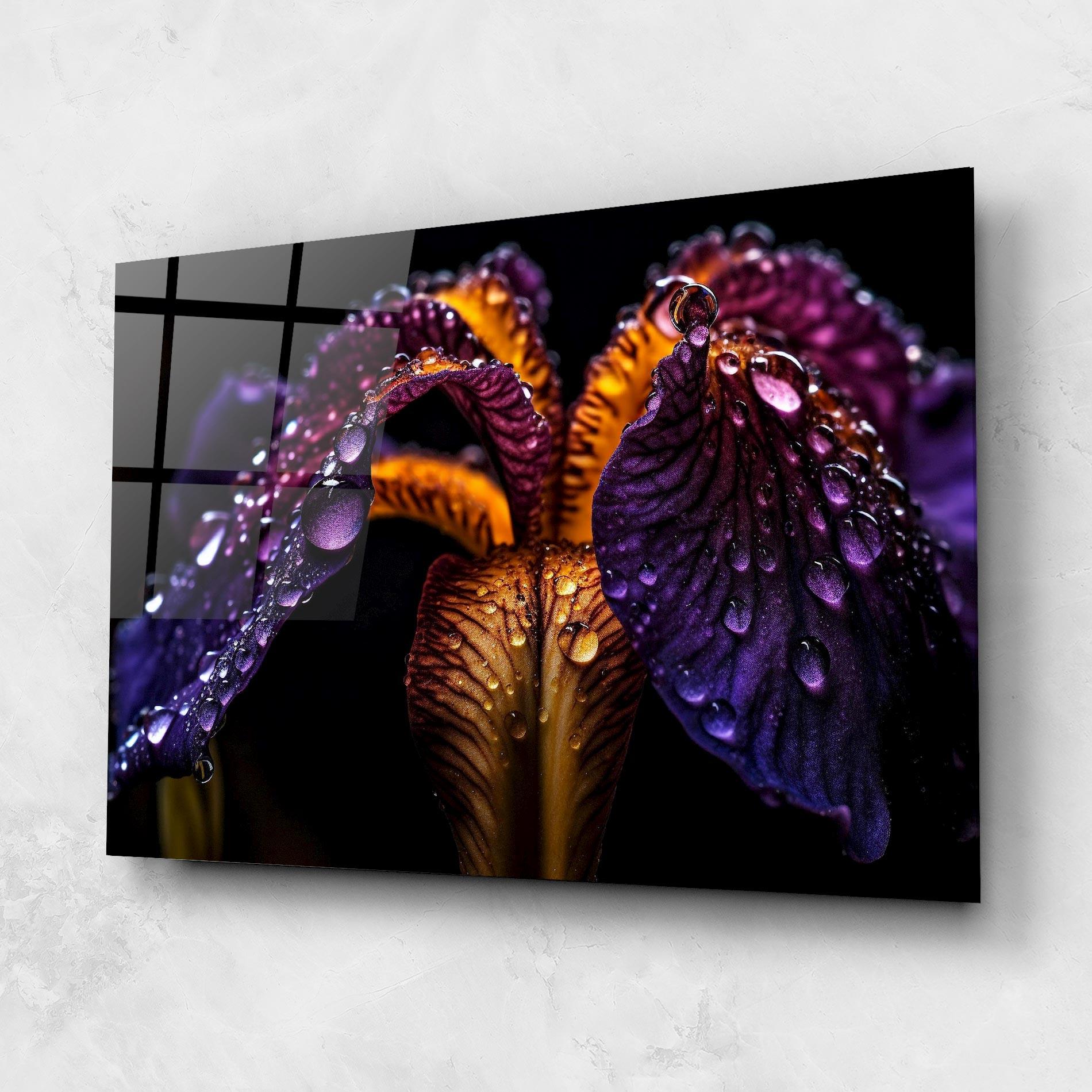 Glasbild Dark Iris After Rain mockup 1
