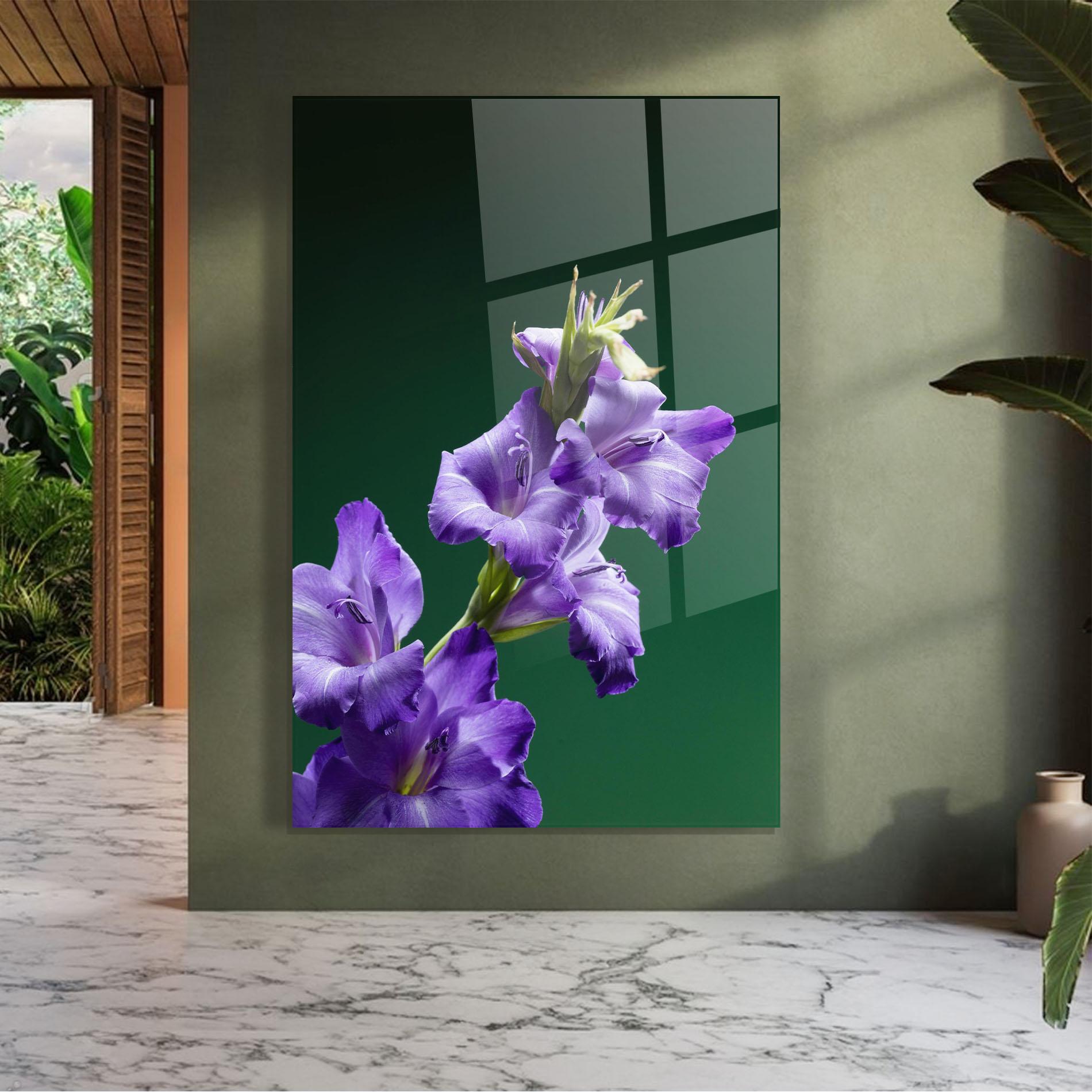Glasbild Iris On Green mockup 7
