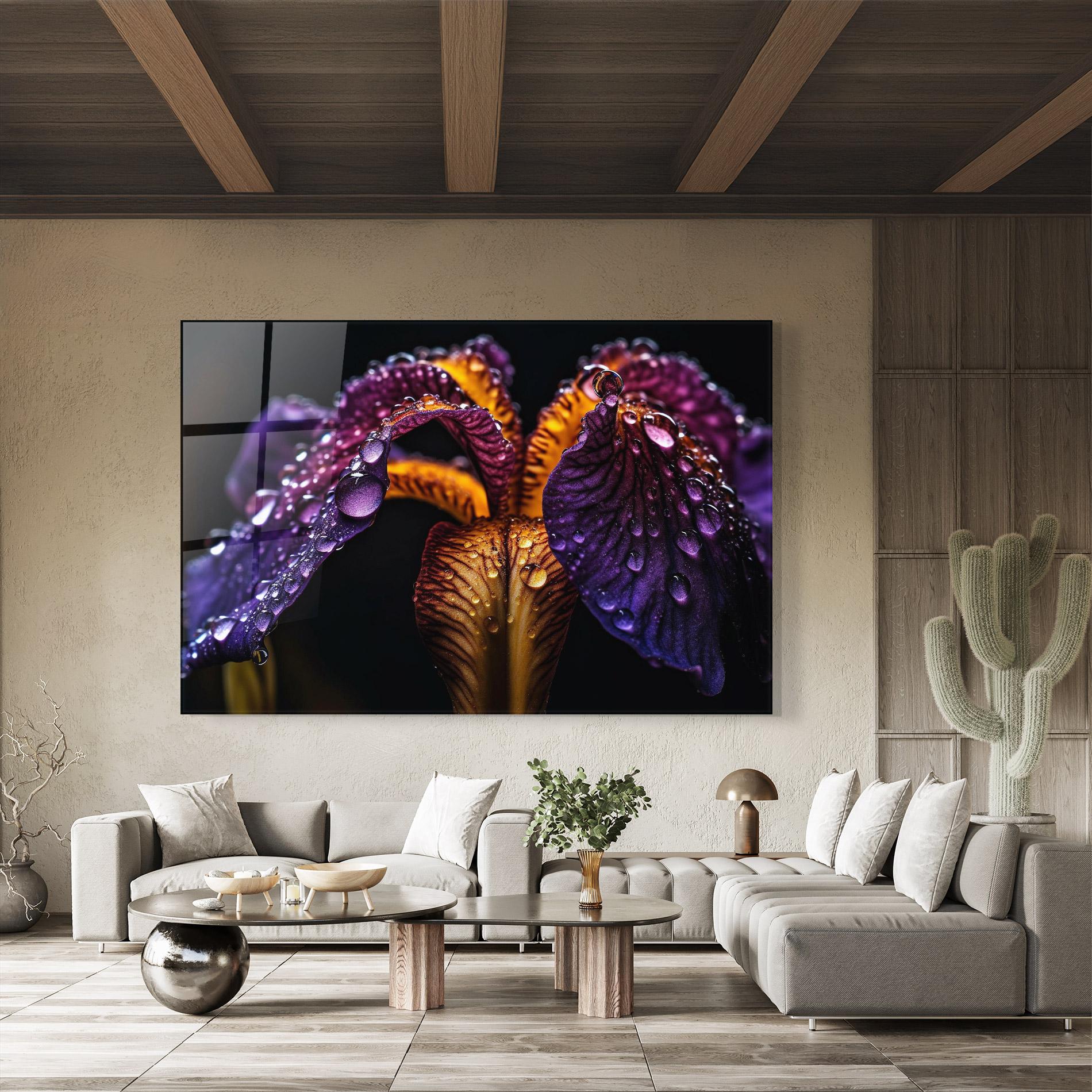 Glasbild Dark Iris After Rain mockup 8