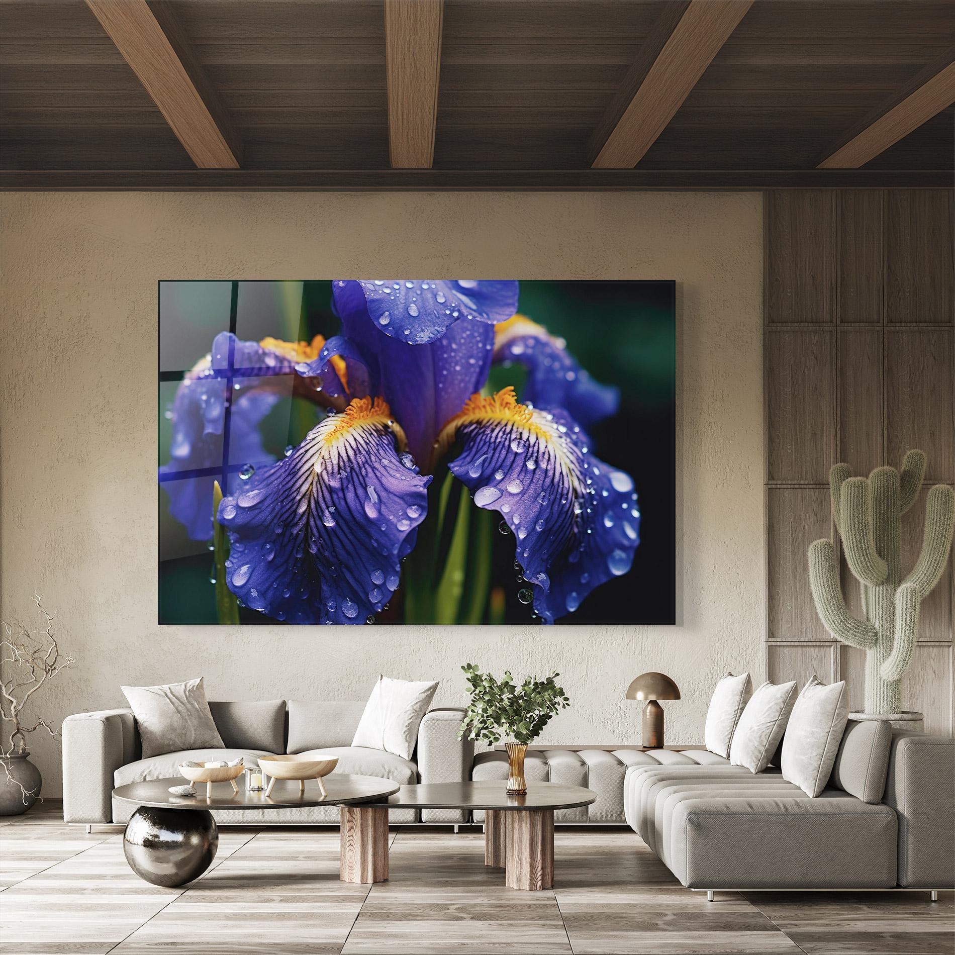 Glasbild Iris After Rain mockup 8