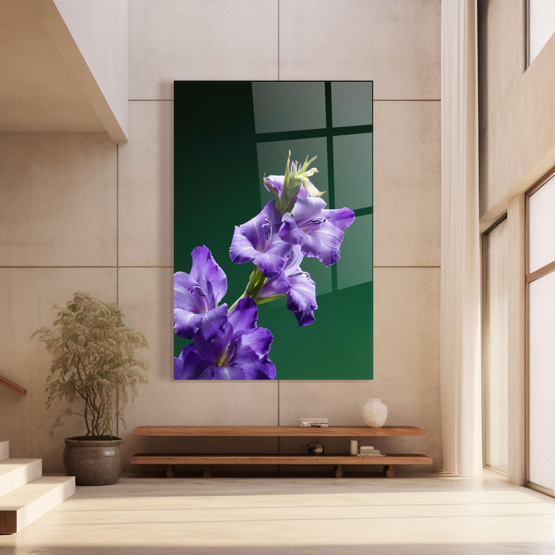 Glasbild Iris On Green mockup 8