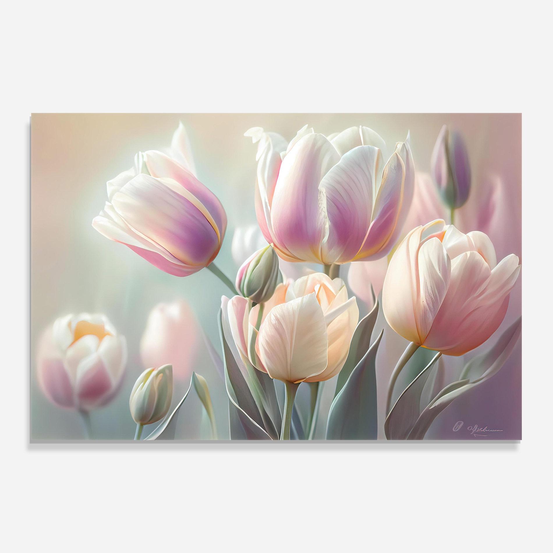 Glasbild Dreamy White Tulips mockup 0