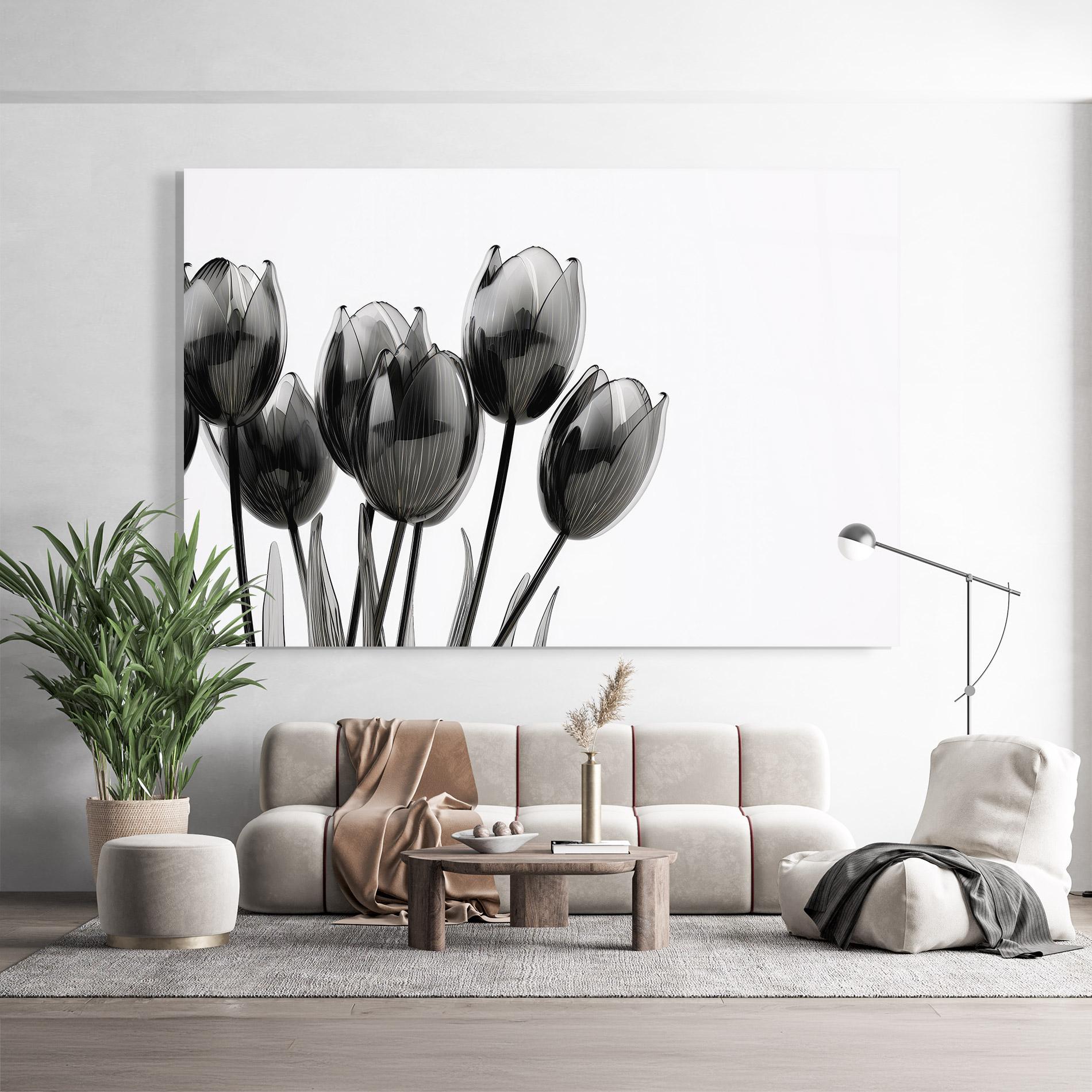 Glasbild Black Glass Tulips mockup 9