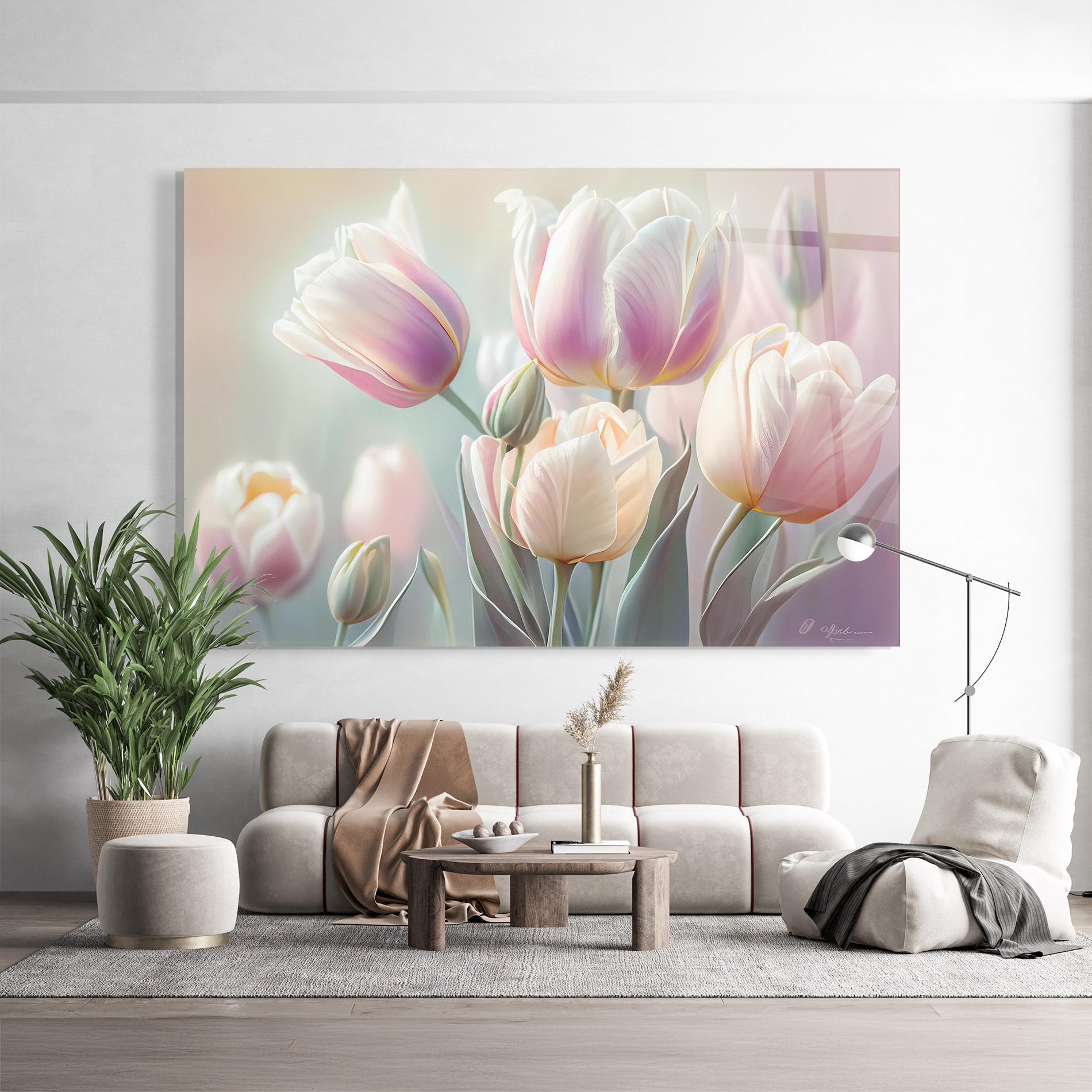 Glasbild Dreamy White Tulips mockup 9