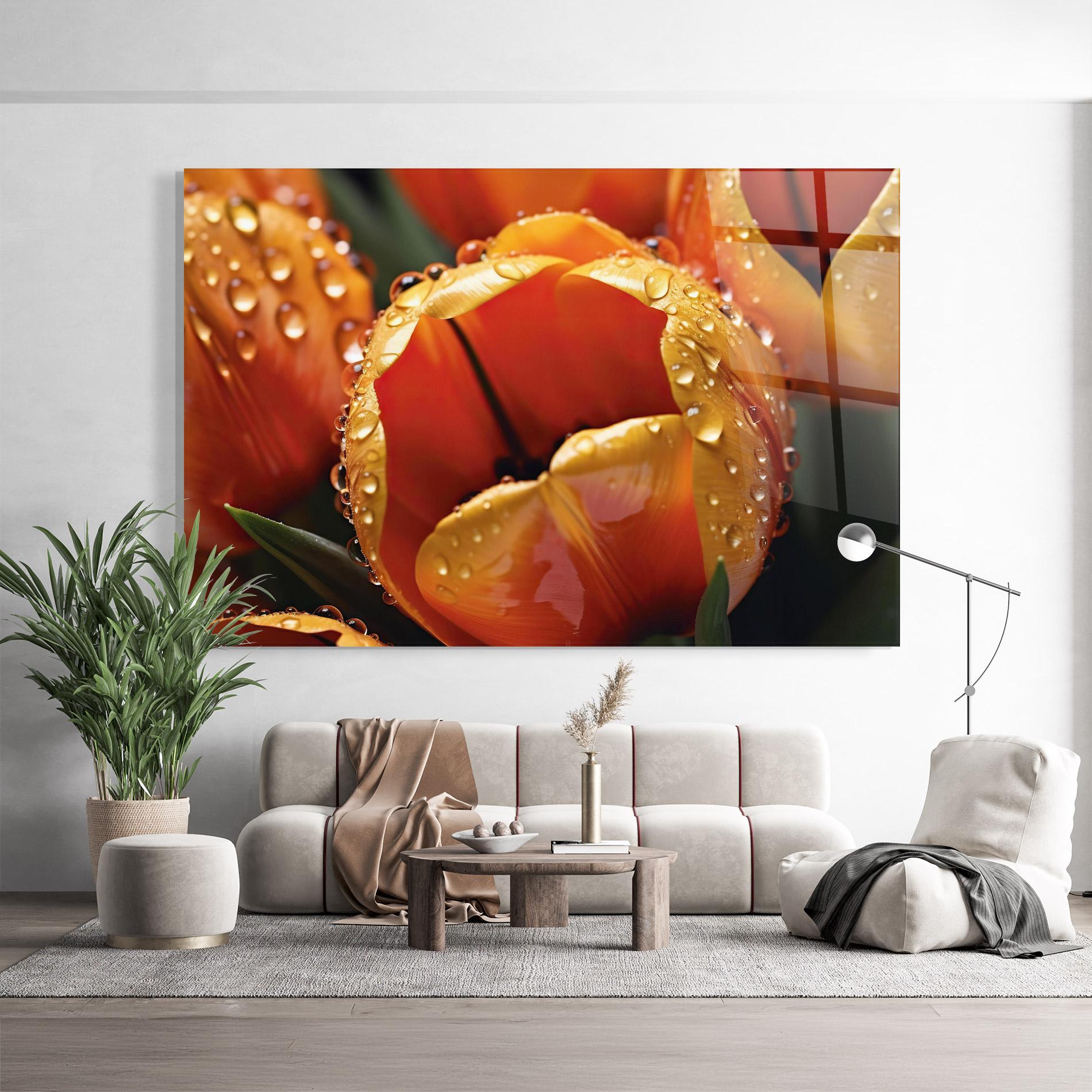 Glasbild Orange Tulip Water Drops mockup 9