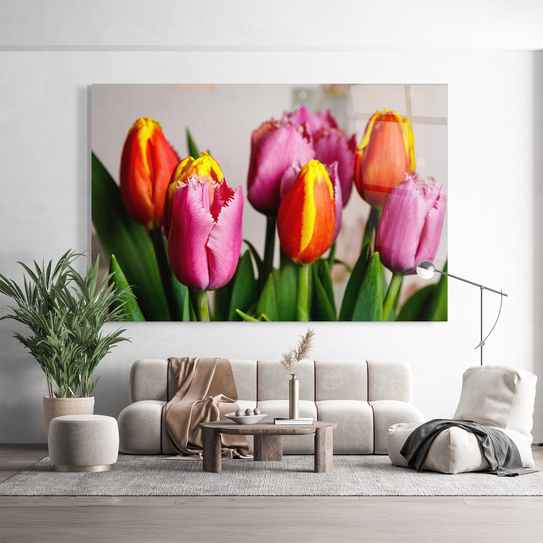 Glasbild Pink Orange Tulips mockup 9