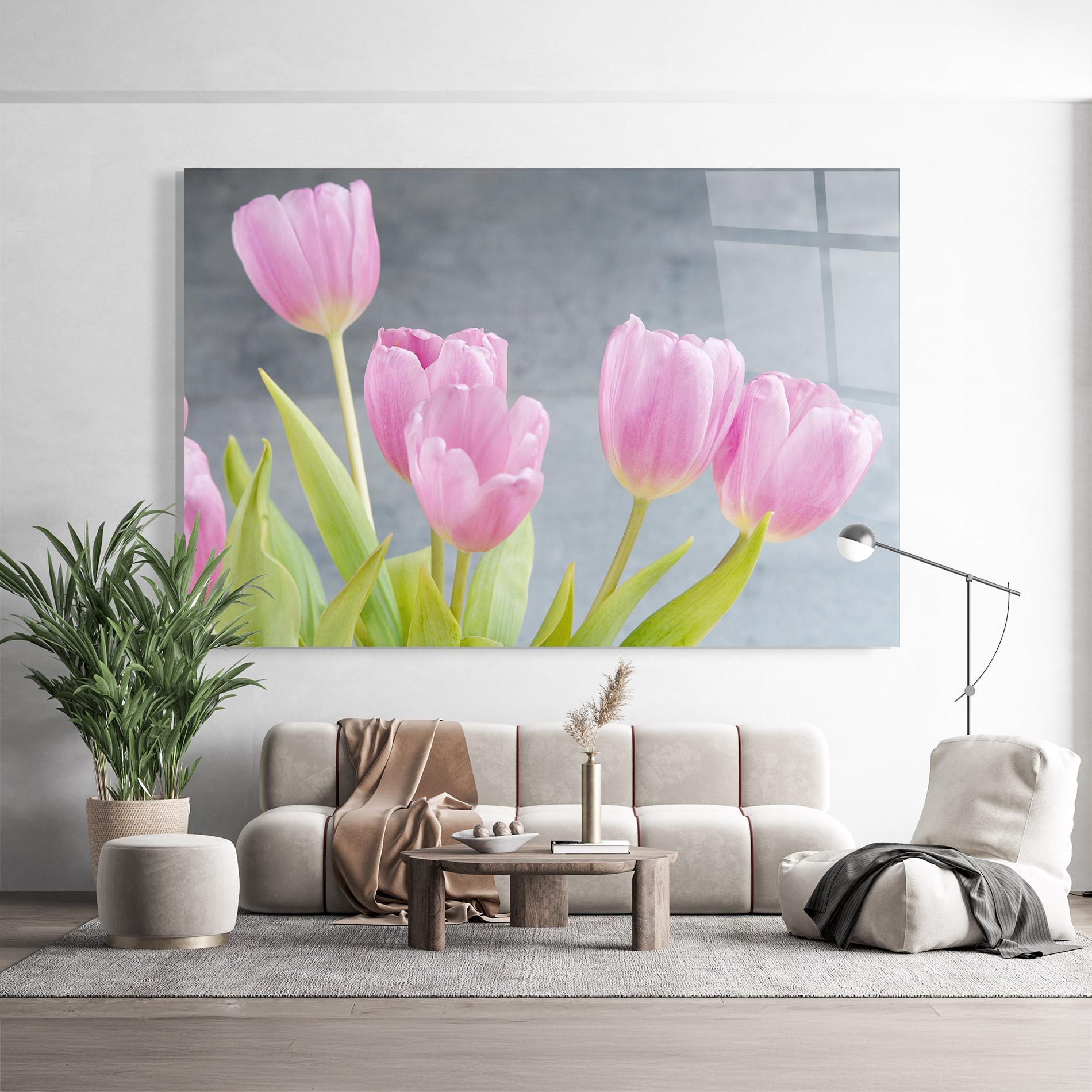 Glasbild Pink Pastel Tulip On Grey mockup 9